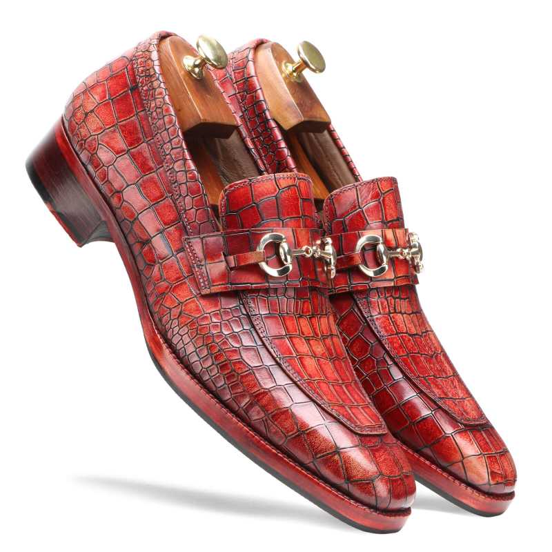 Brig Textured Horse-bit Loafers in Brick Red