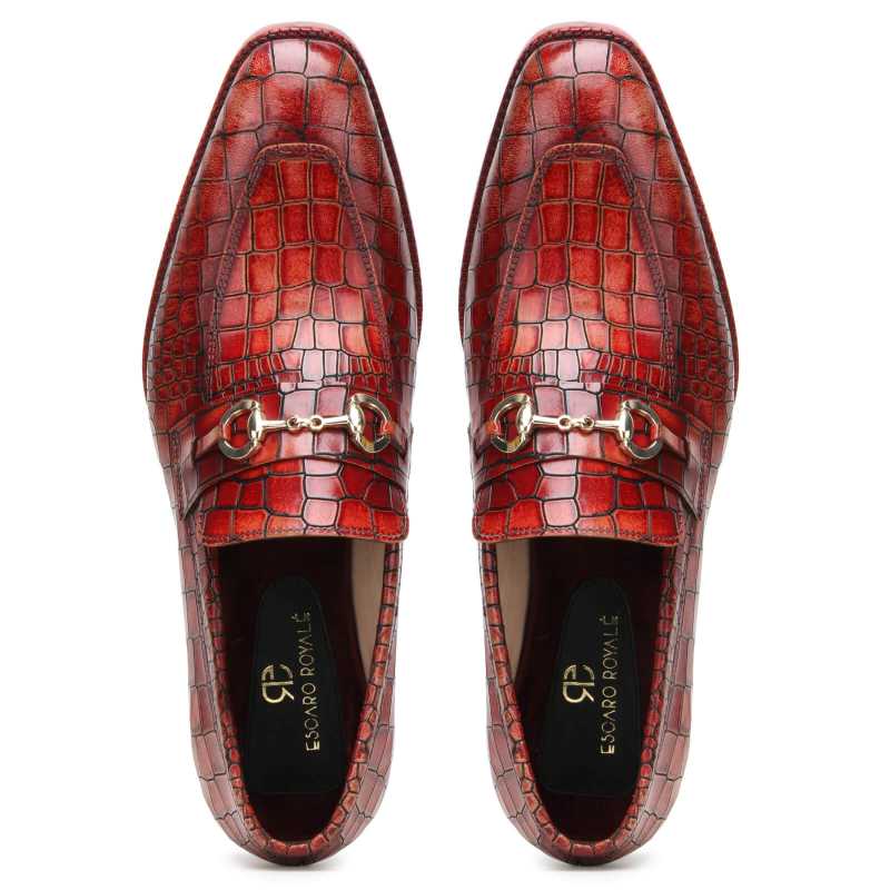Brig Textured Horse-bit Loafers in Brick Red