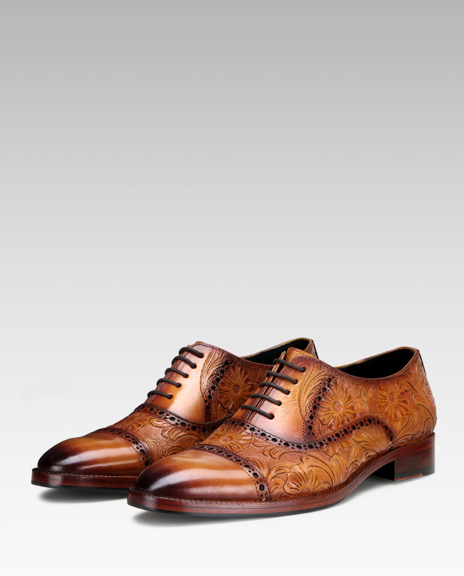 Florentine Handtooled Cap-Toe Oxford In Cognac