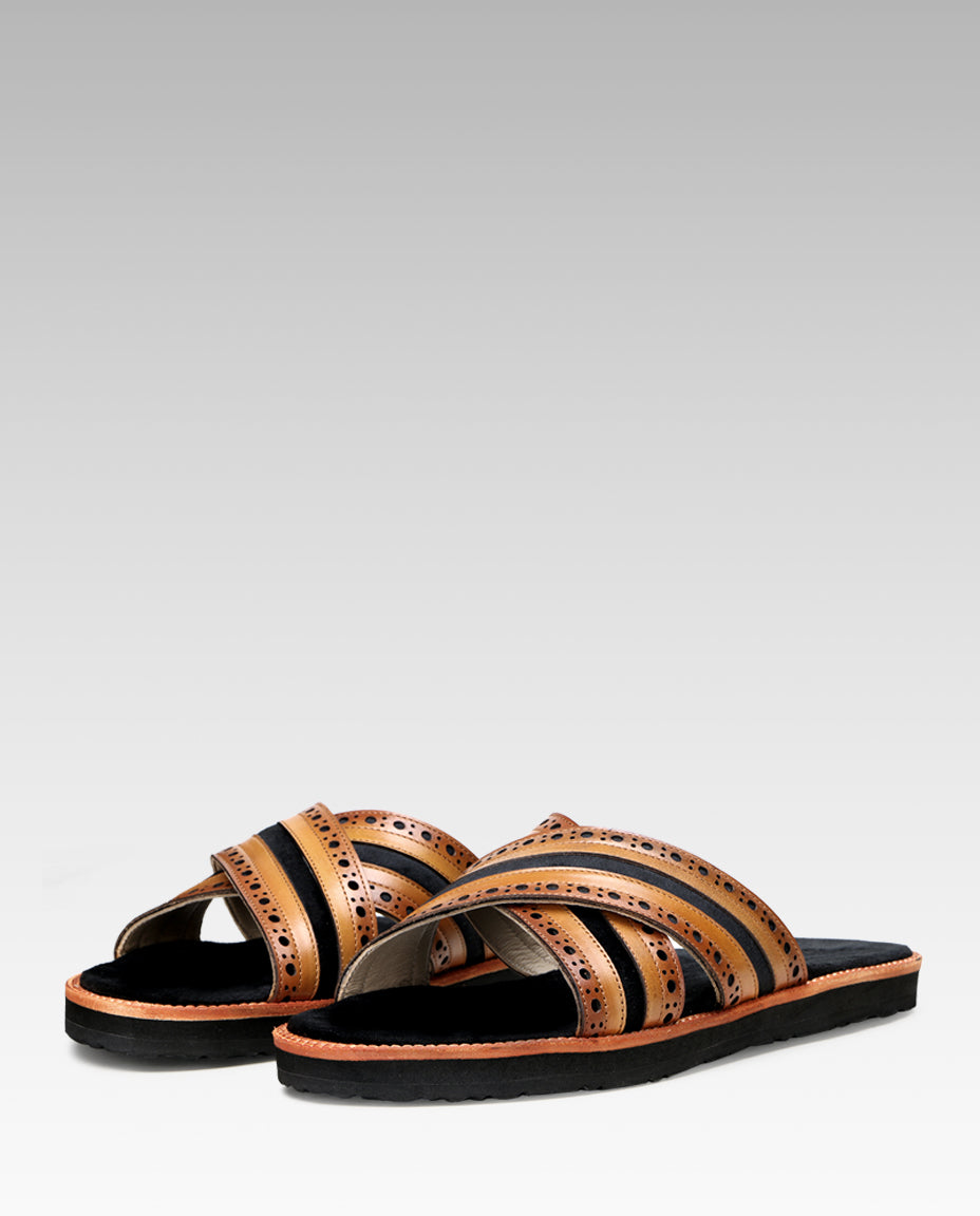 The Veneto Crossband Sliders in Tan-Black
