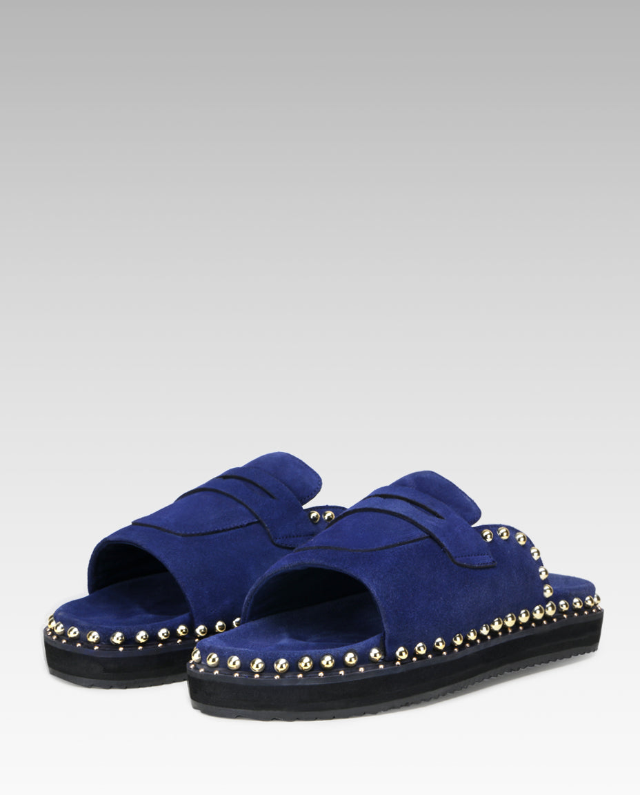 Milano Metal Studded Penny Sliders in Blue
