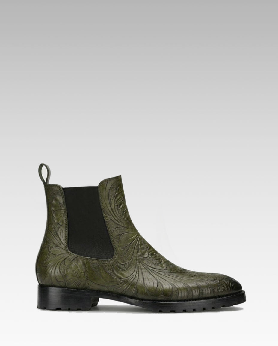 Florentine Handtooled Chelsea Boot in Olive