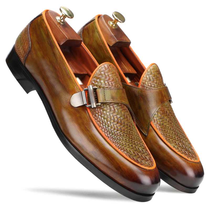 Raven Weave Buckled Loafers in Tan