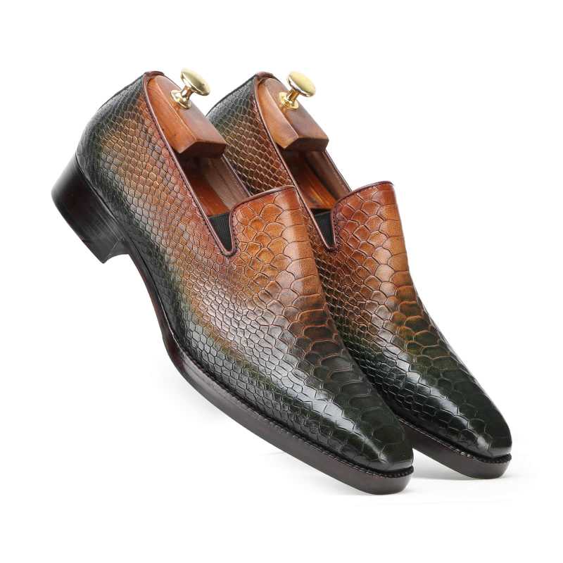 Silica Python Textured Loafers In Olive Tan Ombre