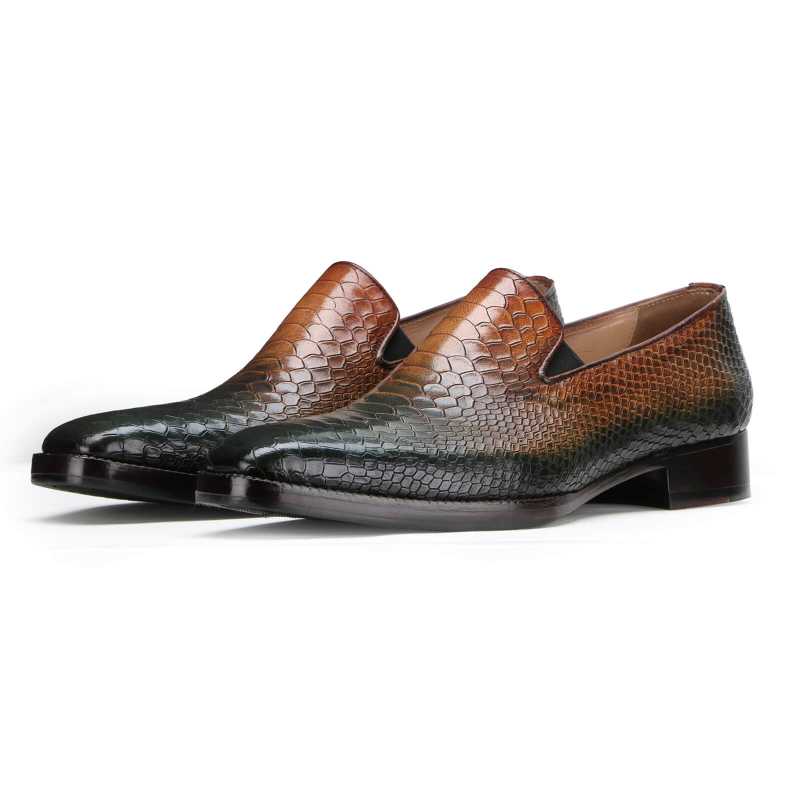 Silica Python Textured Loafers In Olive Tan Ombre
