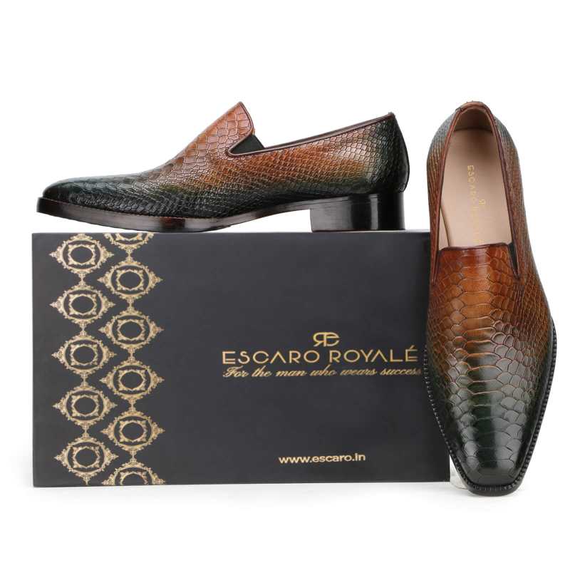 Silica Python Textured Loafers In Olive Tan Ombre
