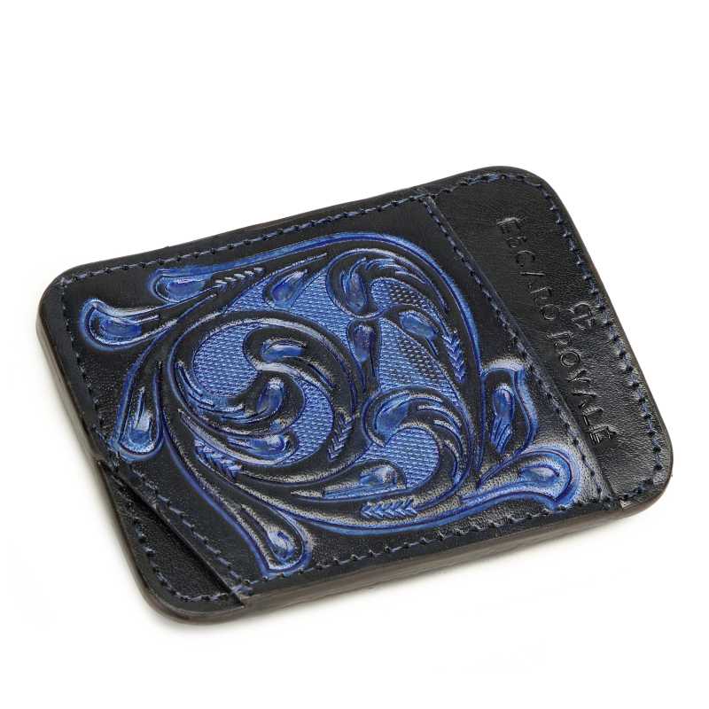 The Athens Hand-Tooled Leather Cash Card Holder In Blue