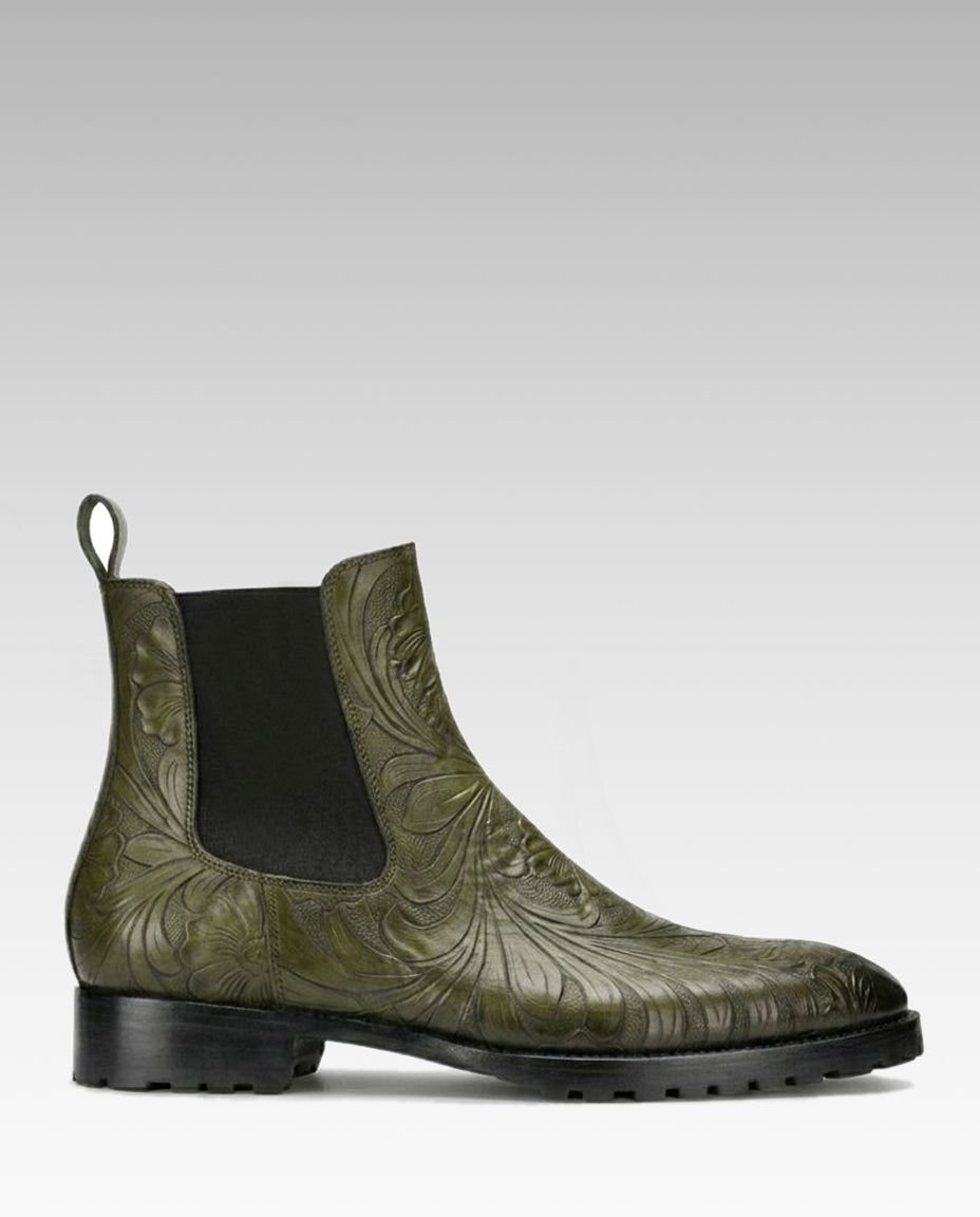Florentine Handtooled Chelsea Boot in Olive