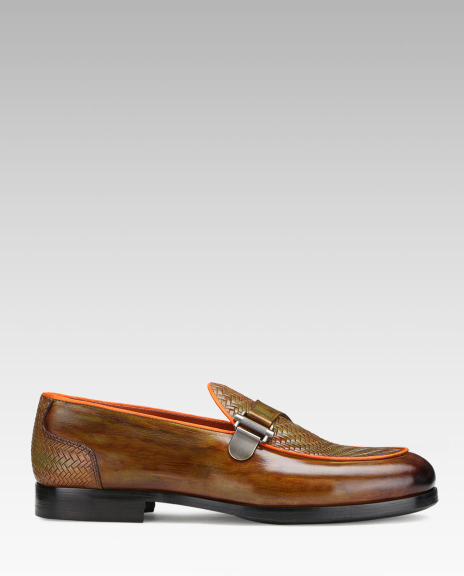 Raven Weave Buckled Loafers in Tan