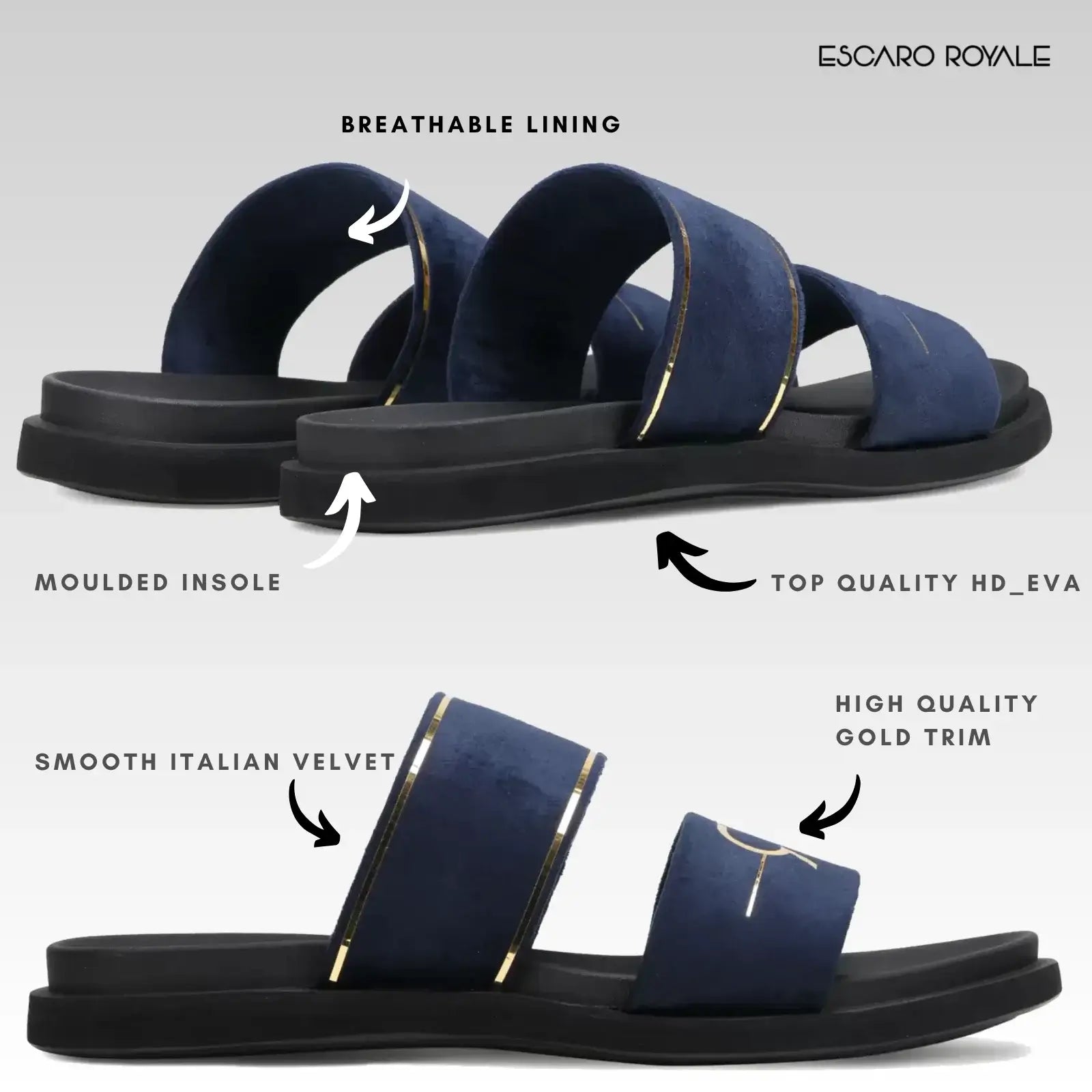 Napier Blue Velvet Sliders with Gold Trim - Ready to Ship in Available Sizes