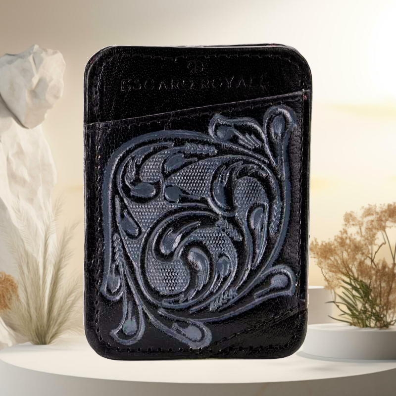 The Athens Hand-Tooled Leather Cash Card Holder In Black-Gray