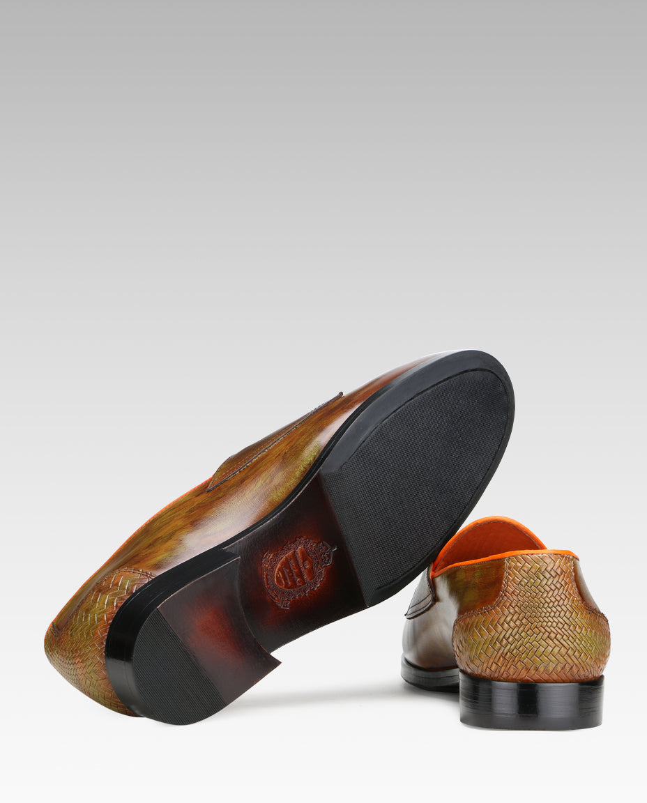 Raven Weave Buckled Loafers in Tan