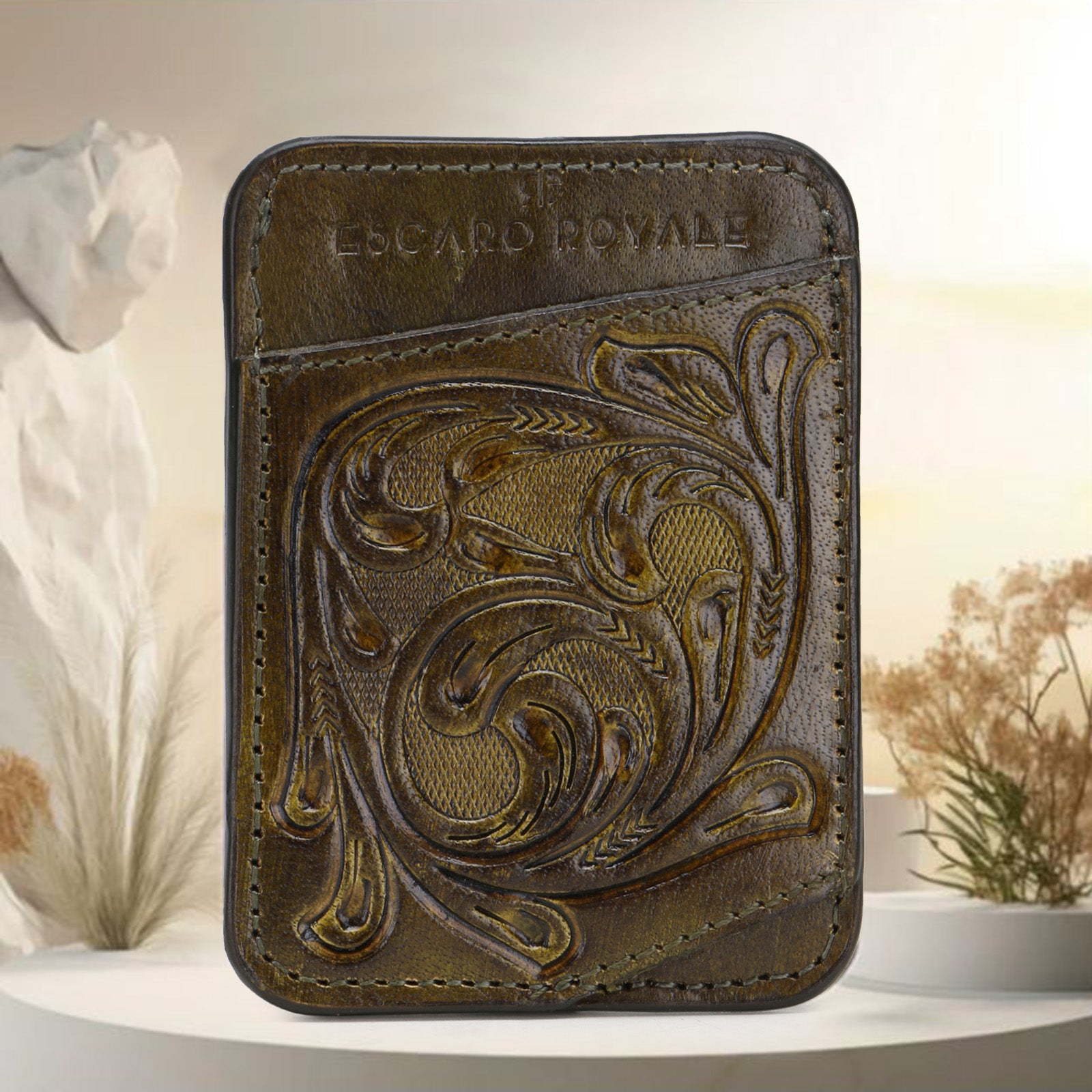 The ATHENS Hand-Tooled Leather Cash Card Holder in Olive