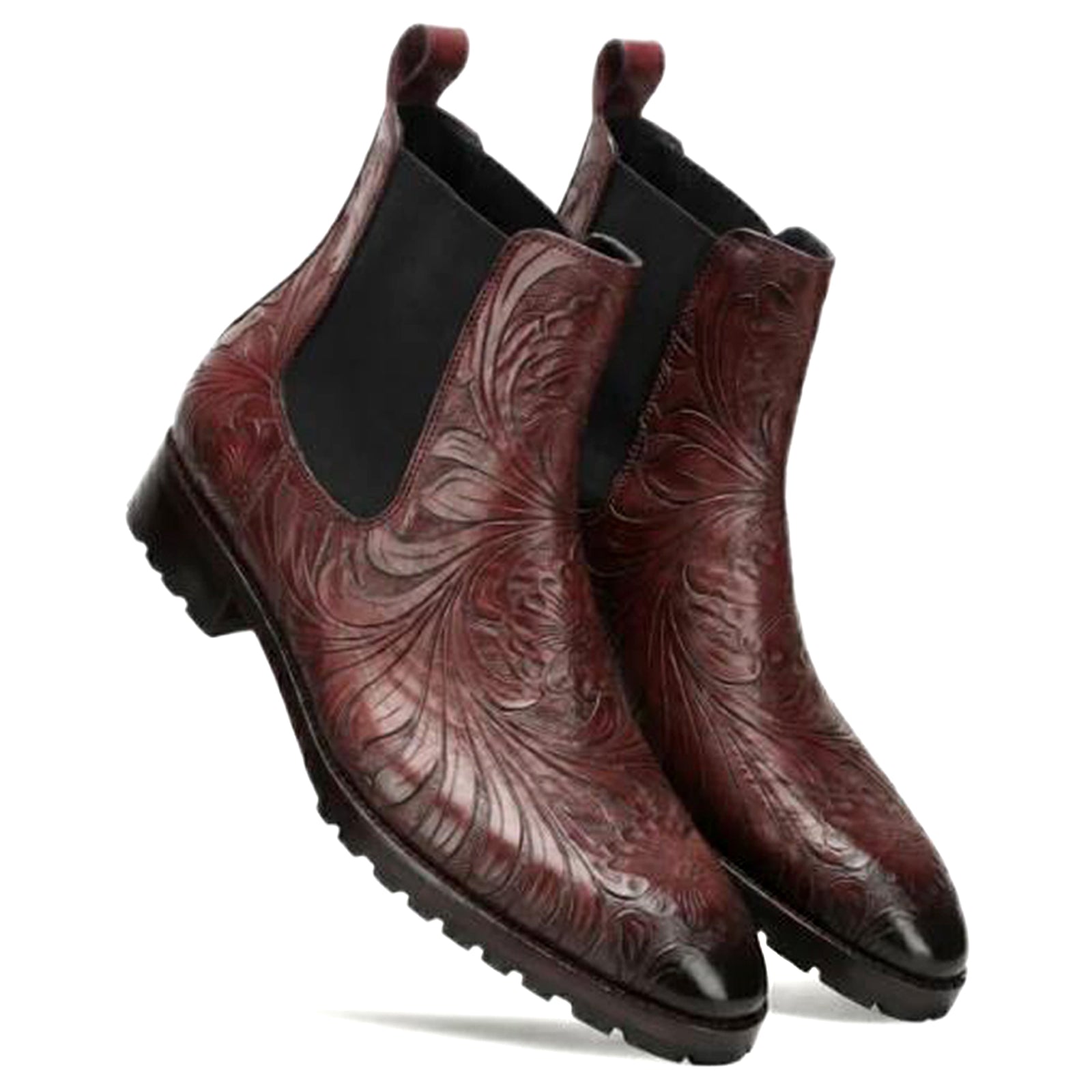 Florentine Handtooled Chelsea Boot in Burgundy