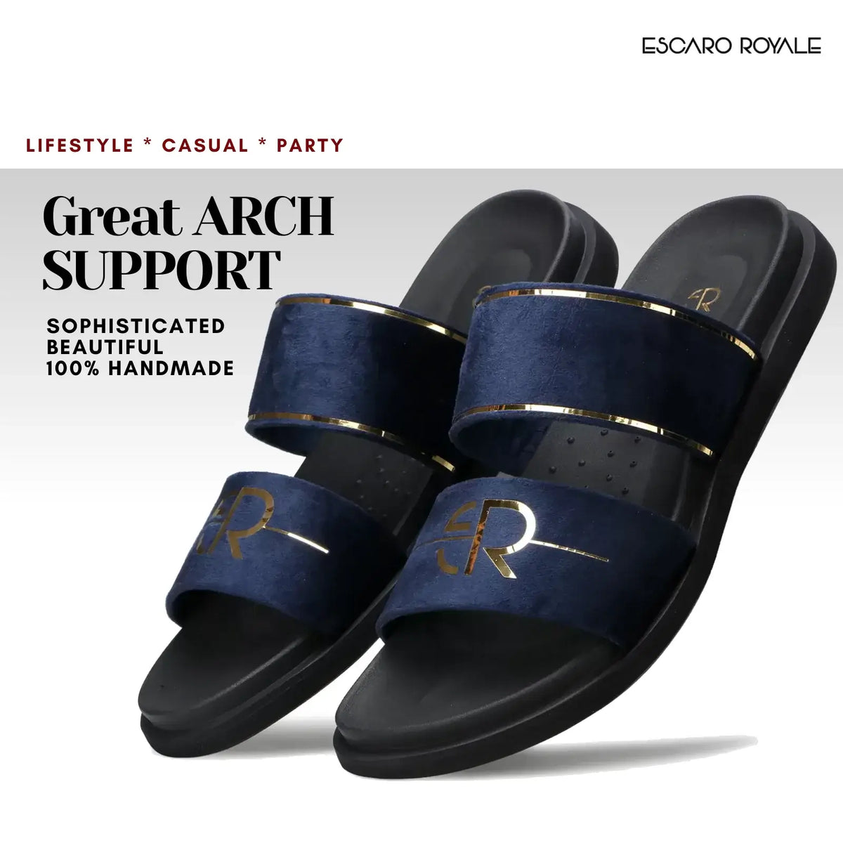 Napier Blue Velvet Sliders with Gold Trim - Ready to Ship in Available Sizes