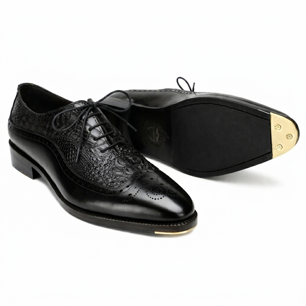 The Cabot Triple Textured Oxfords in Black with Metal Toe Plate Detail