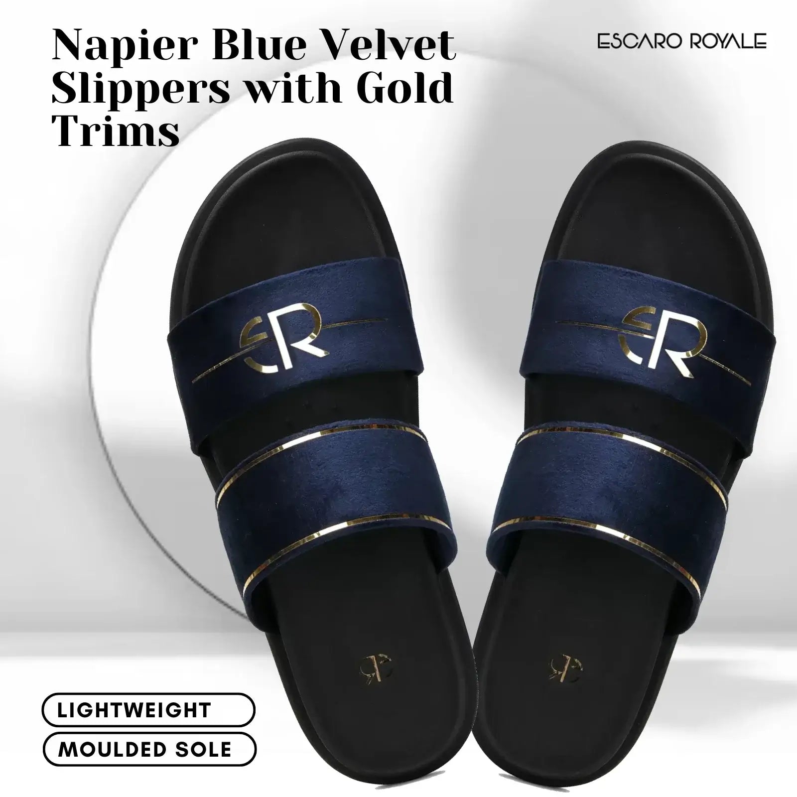 Napier Blue Velvet Sliders with Gold Trim - Ready to Ship in Available Sizes