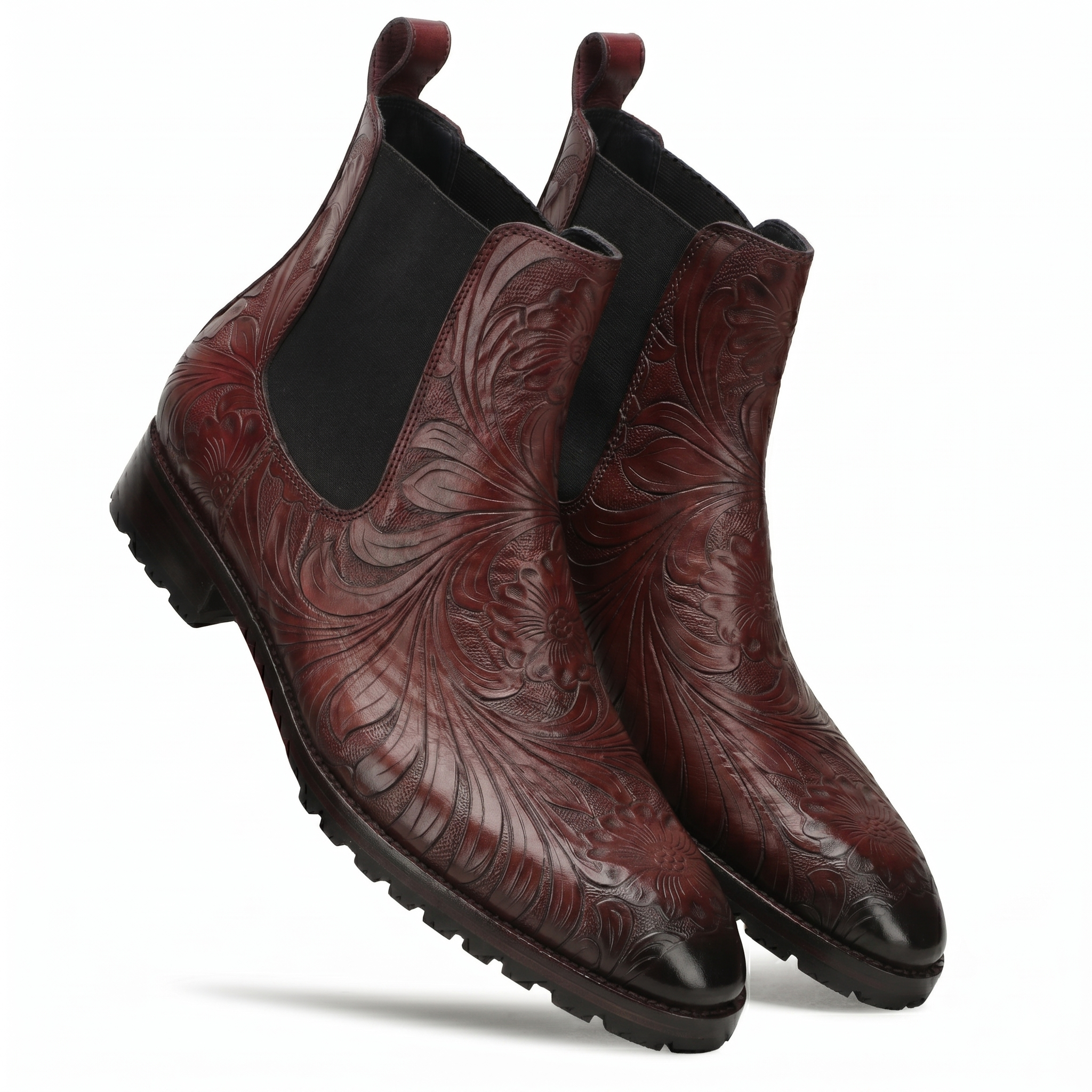 Florentine Handtooled Chelsea Boot in Burgundy