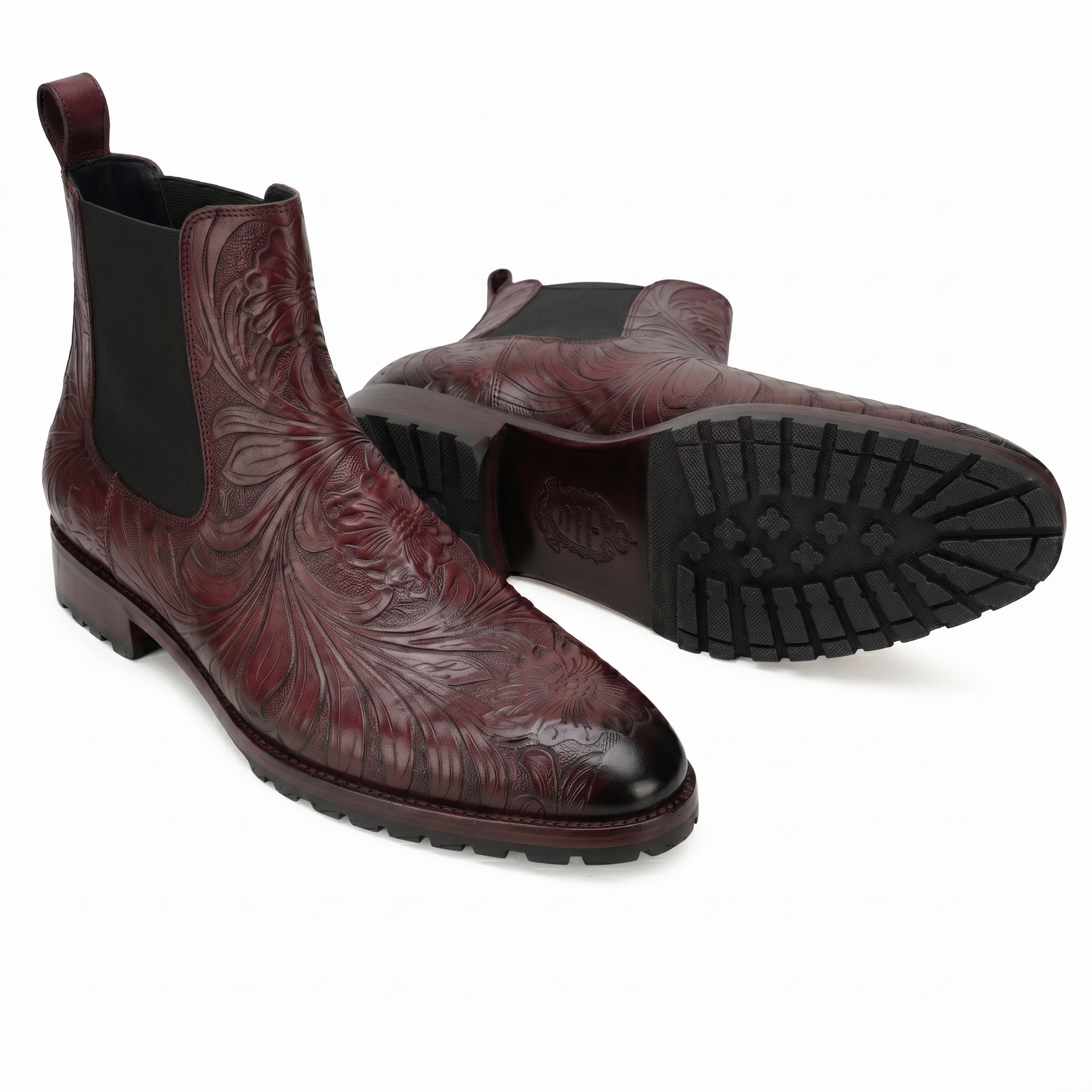 Florentine Handtooled Chelsea Boot in Burgundy