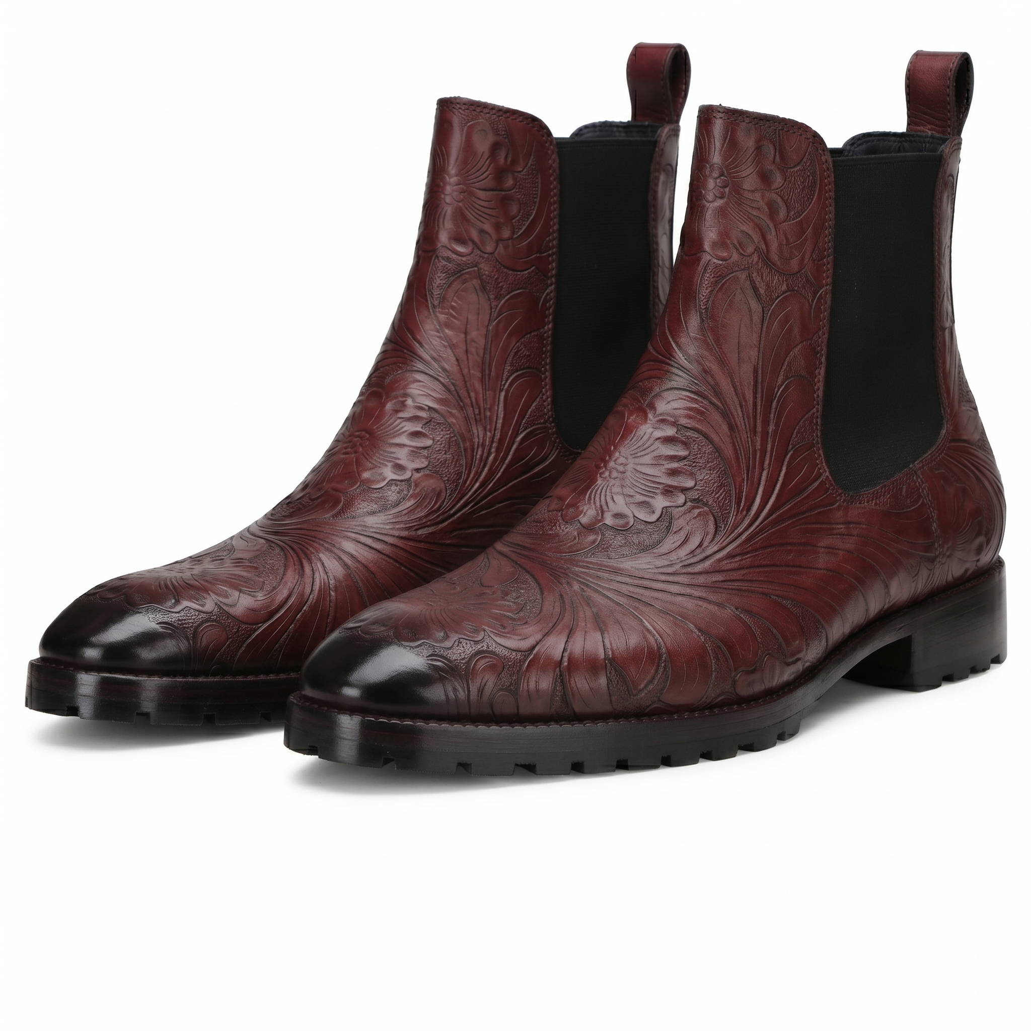 Florentine Handtooled Chelsea Boot in Burgundy