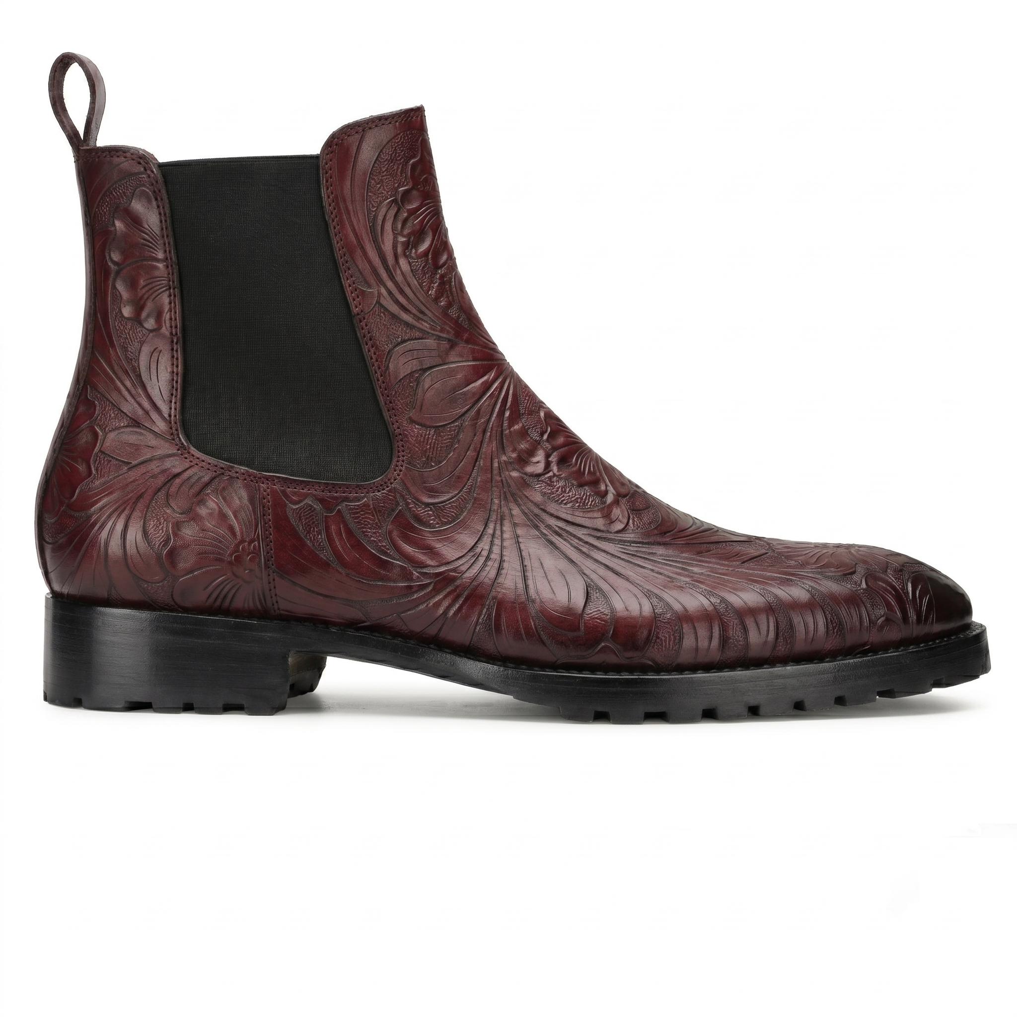 Florentine Handtooled Chelsea Boot in Burgundy