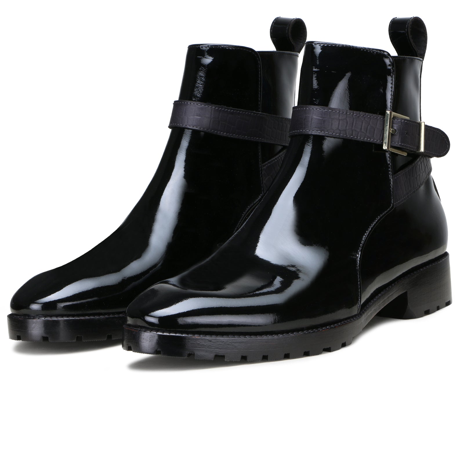 Regent Strapped Boots in Glossy Black (not patent leather)