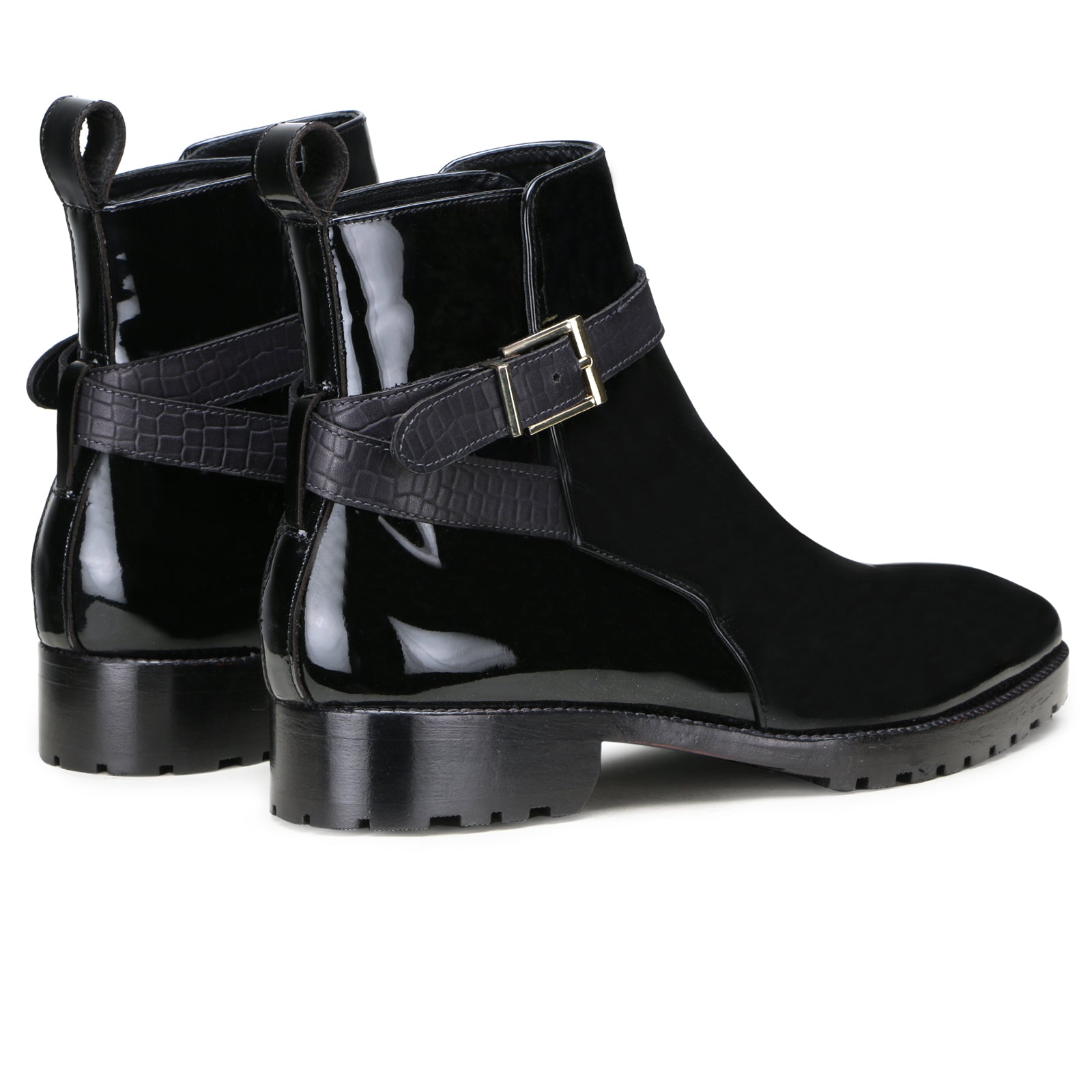 Regent Strapped Boots in Glossy Black (not patent leather)