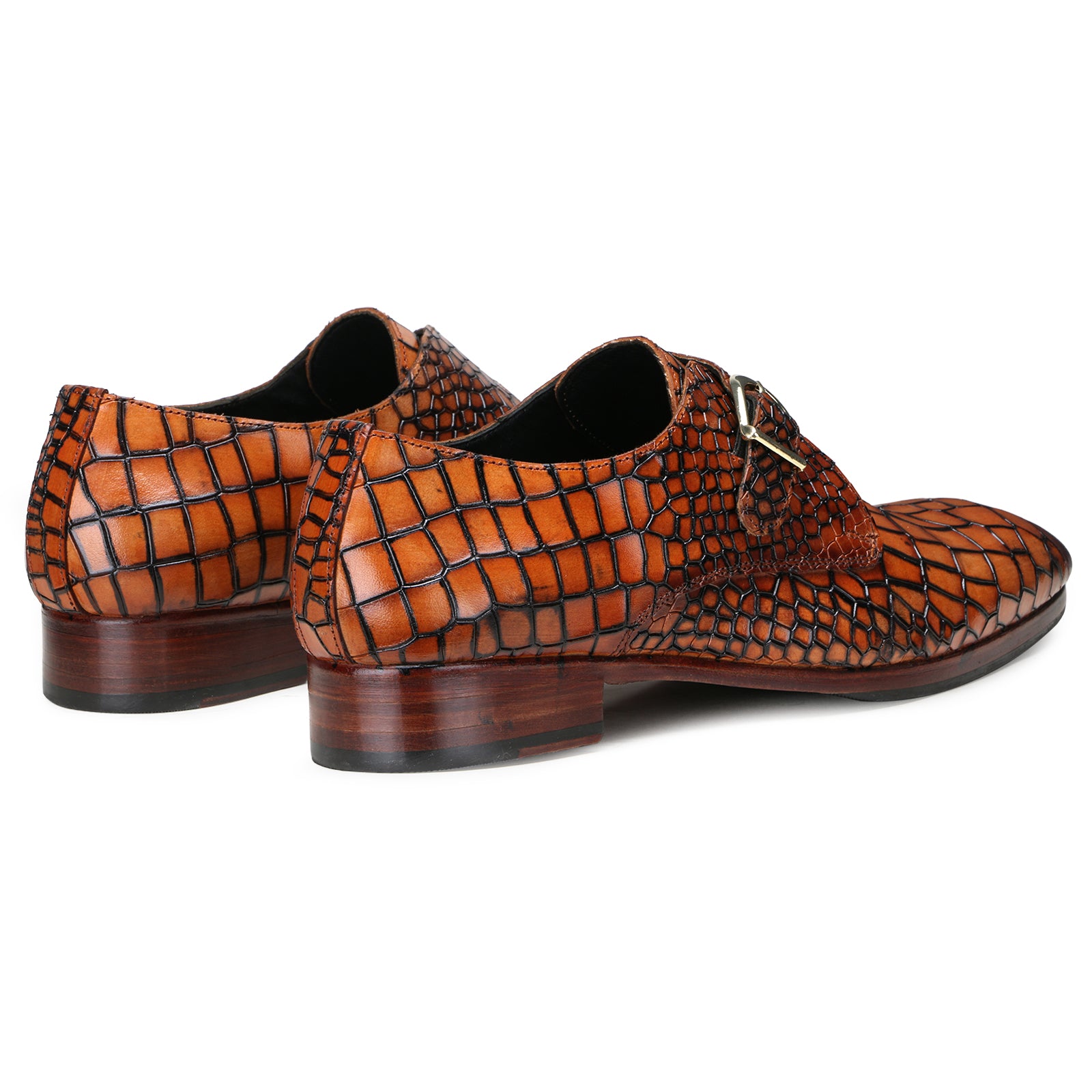 Valenor Deep-Croc Monkstrap Shoes in Tan