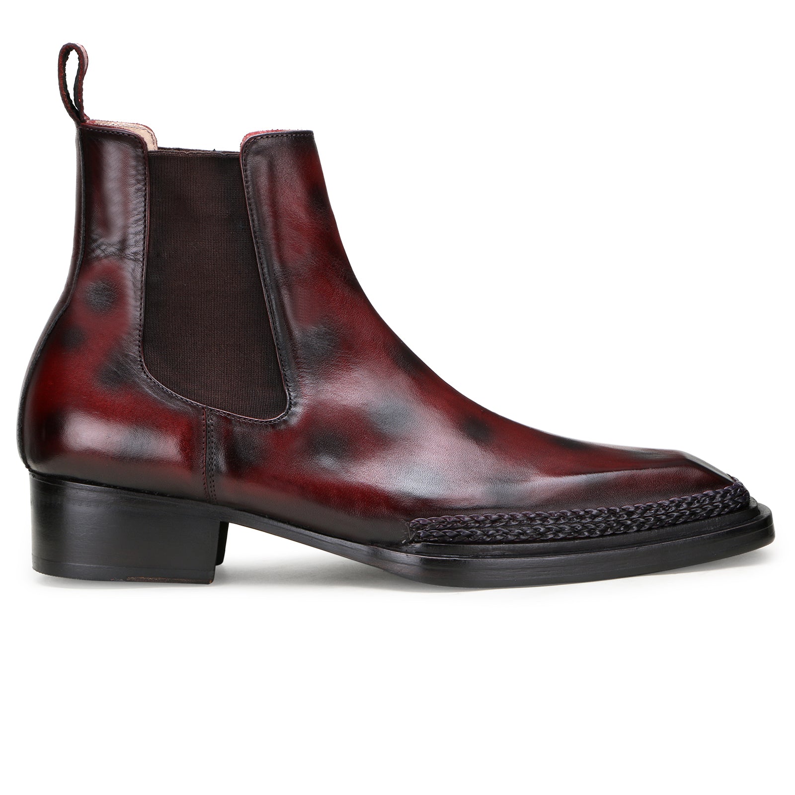 Ironvale Chelsea Boots with Taper Toe and Espadrille Jute Welt in Brown-Burgundy