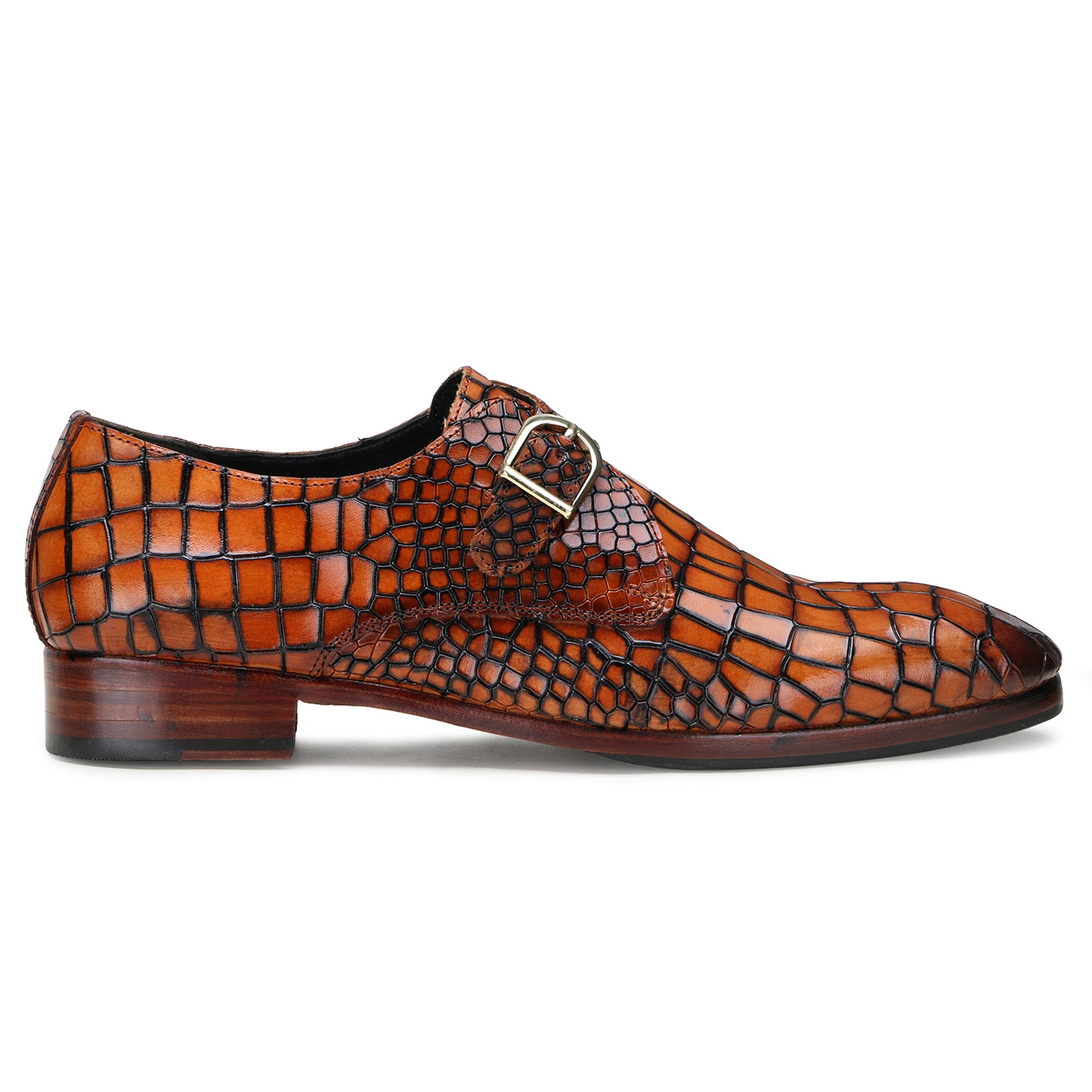 Valenor Deep-Croc Monkstrap Shoes in Tan