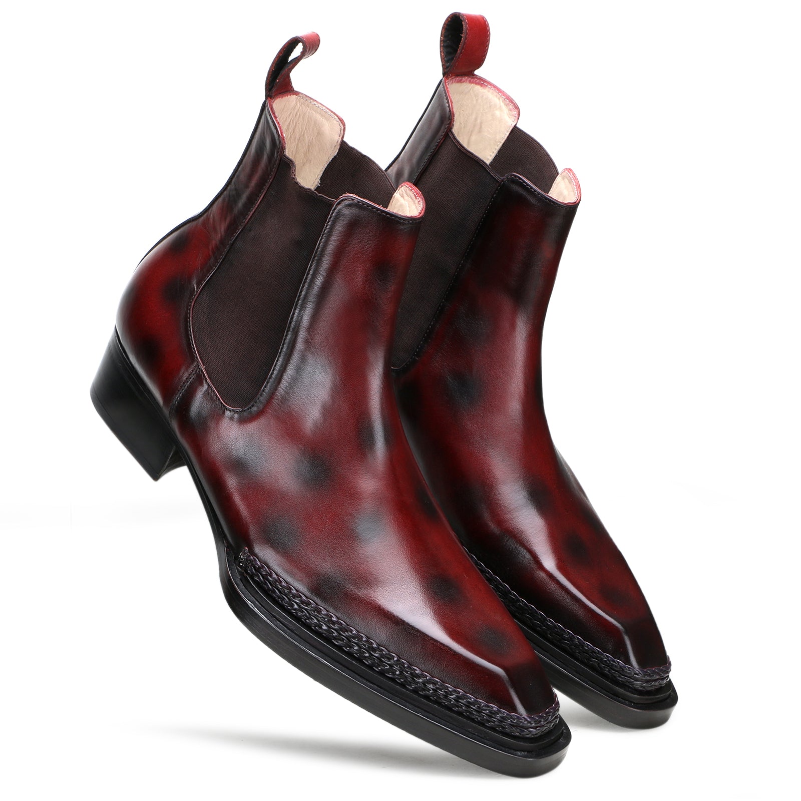 Ironvale Chelsea Boots with Taper Toe and Espadrille Jute Welt in Brown-Burgundy