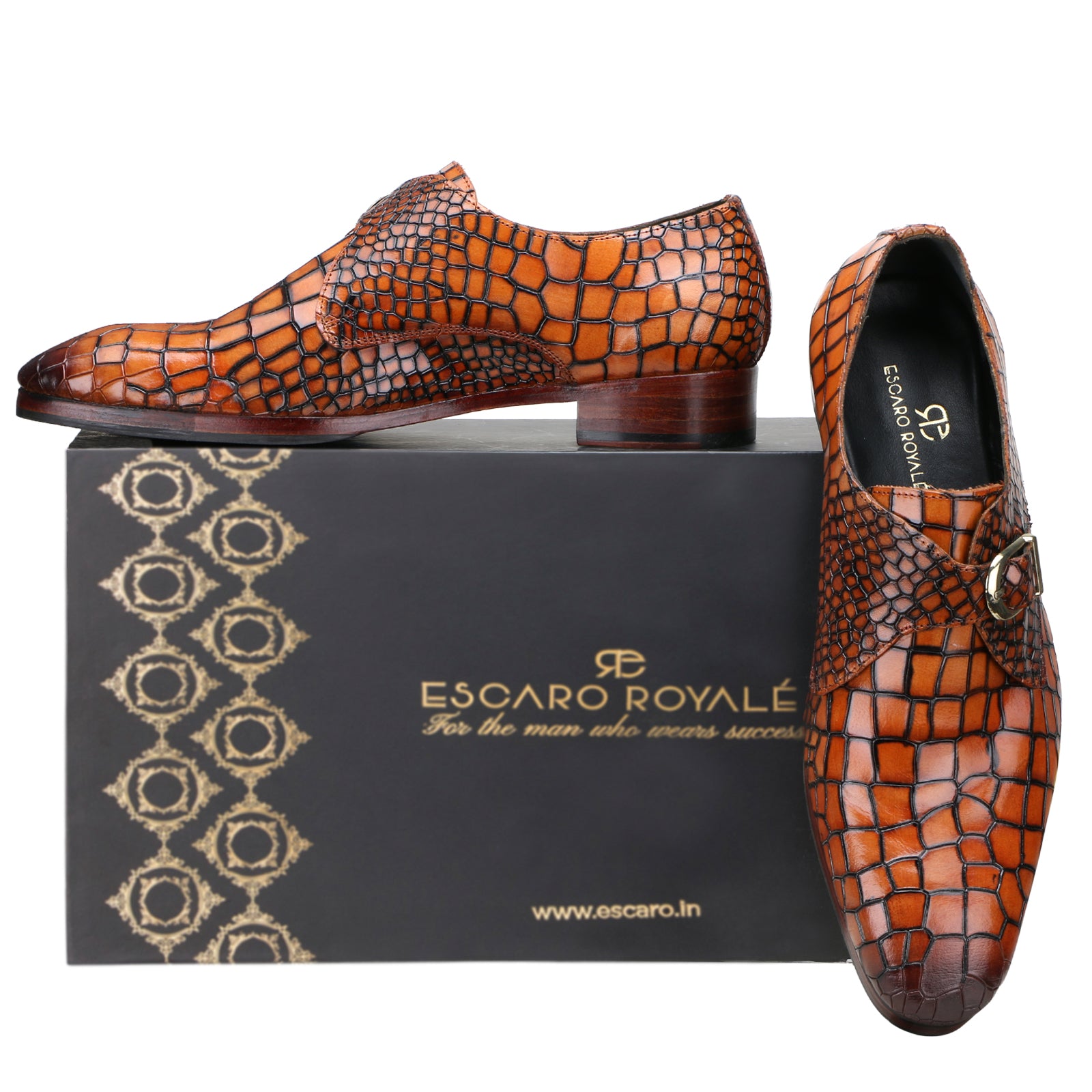 Valenor Deep-Croc Monkstrap Shoes in Tan