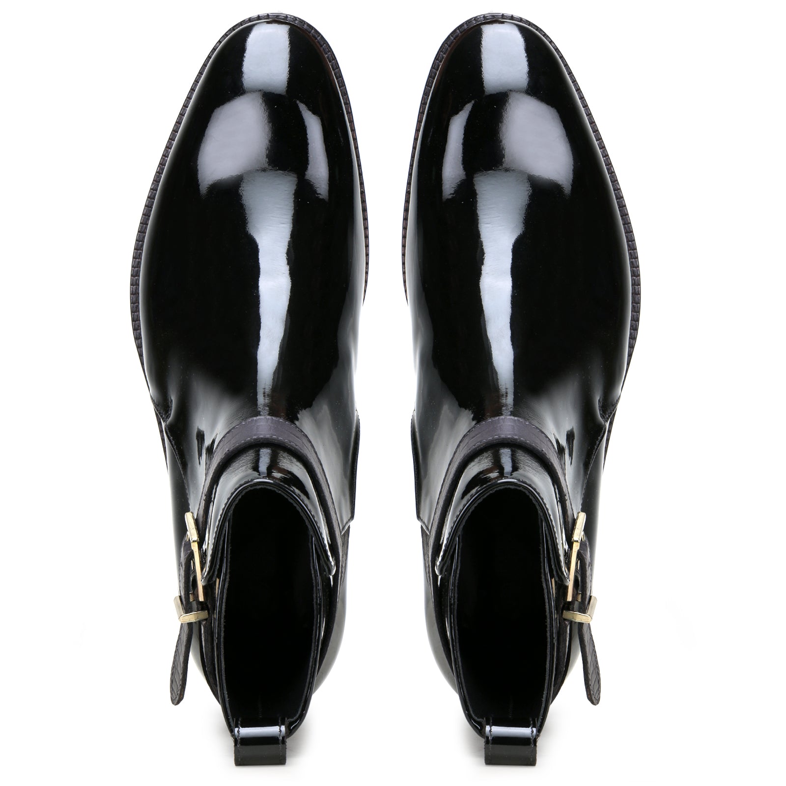 Regent Strapped Boots in Glossy Black (not patent leather)