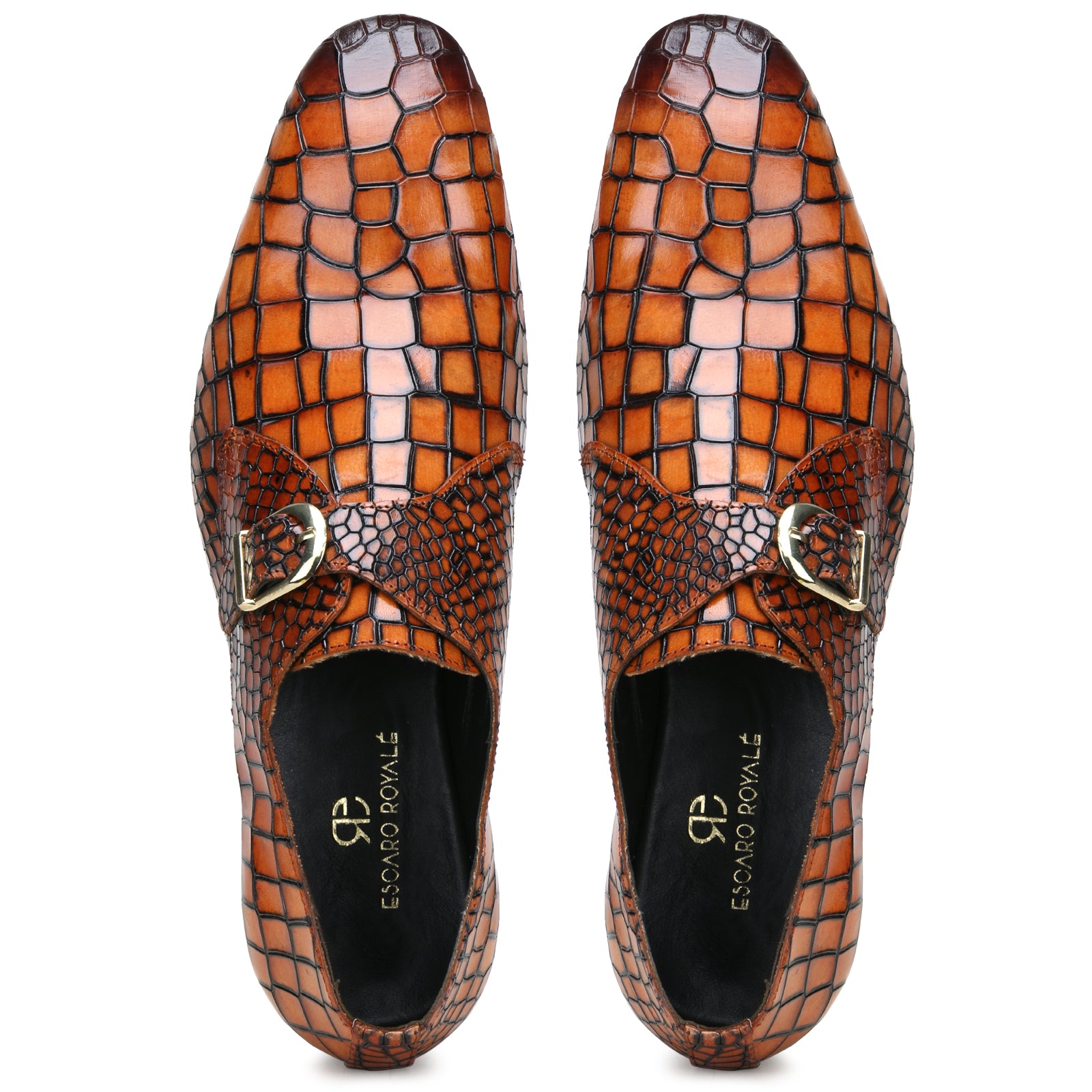 Valenor Deep-Croc Monkstrap Shoes in Tan