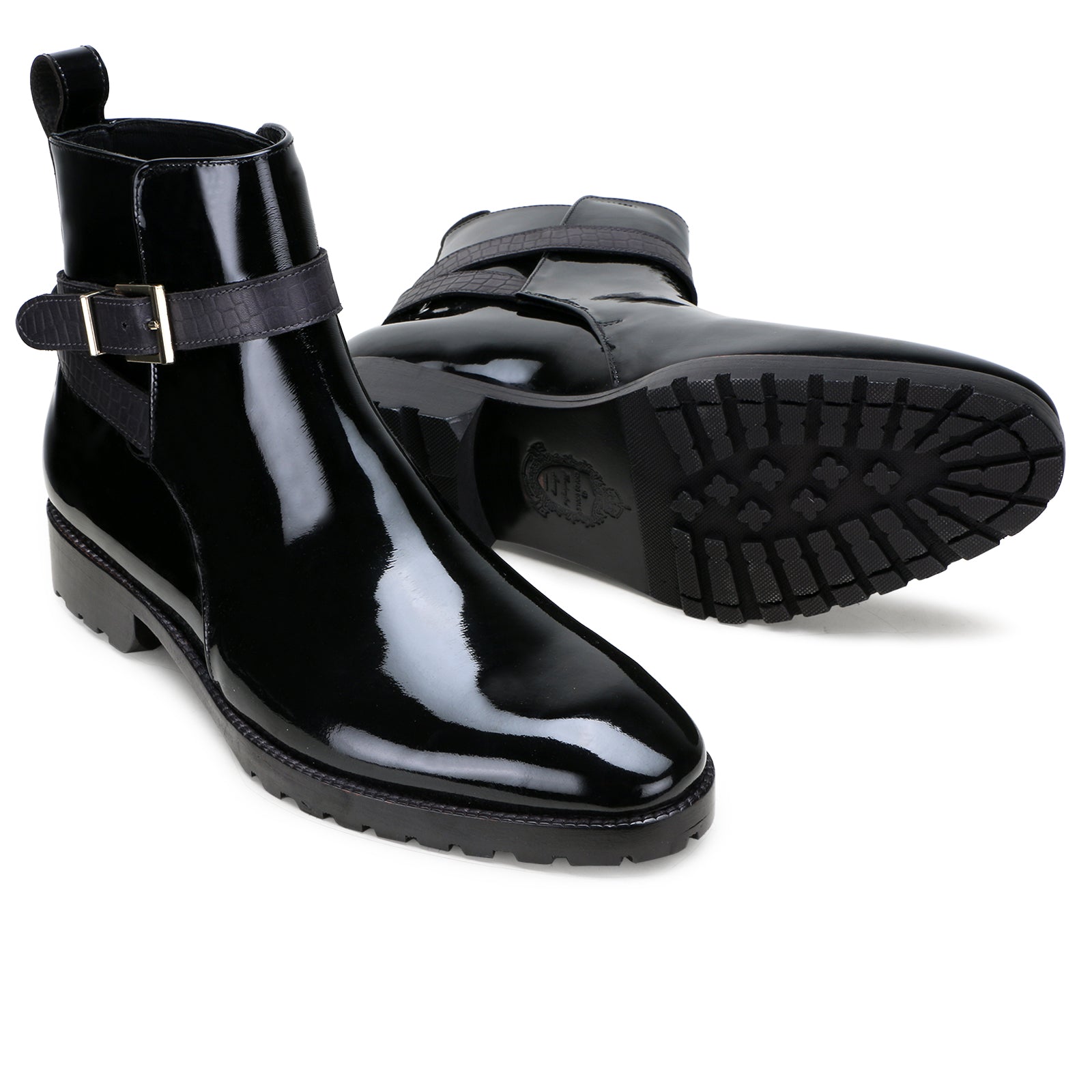 Regent Strapped Boots in Glossy Black (not patent leather)