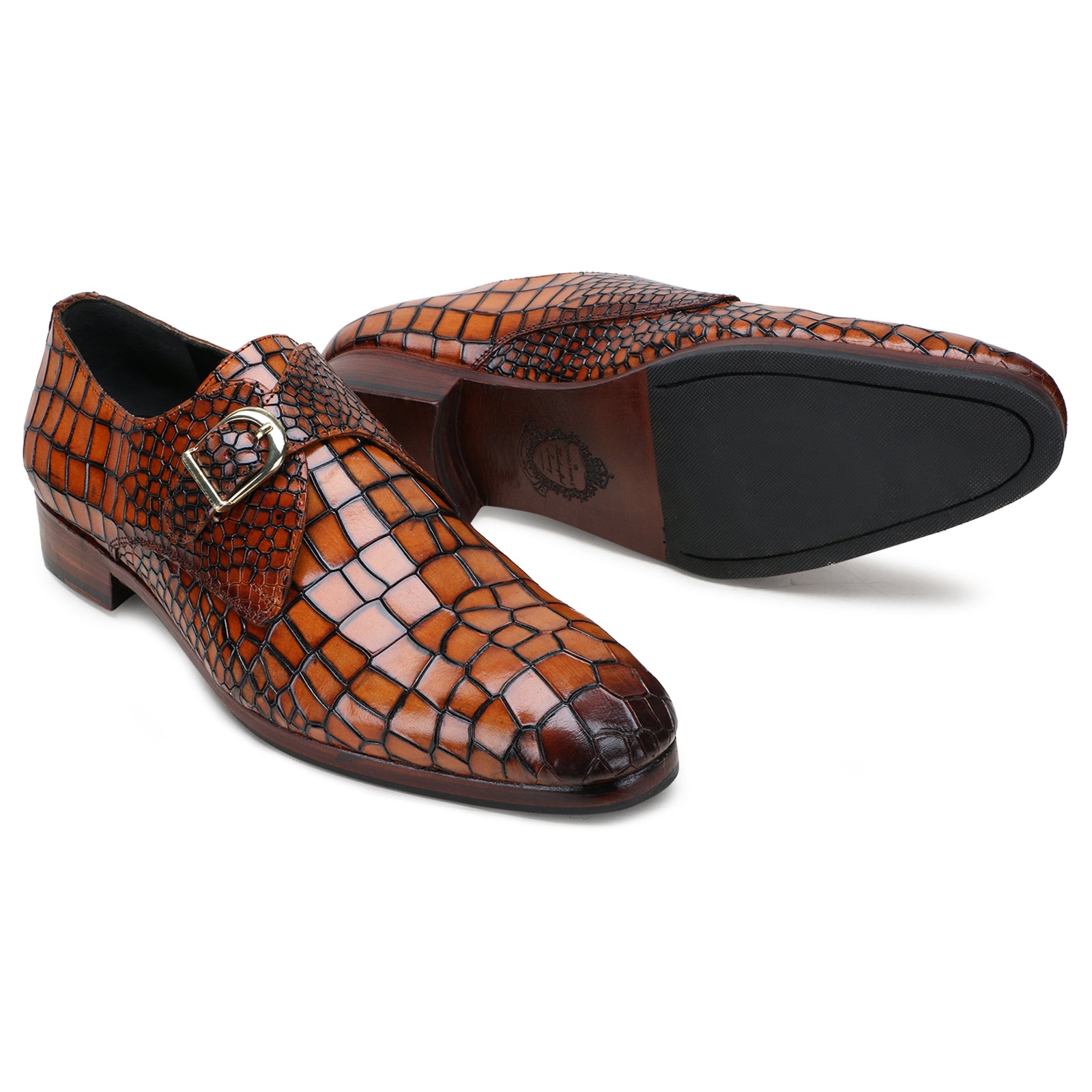 Valenor Deep-Croc Monkstrap Shoes in Tan