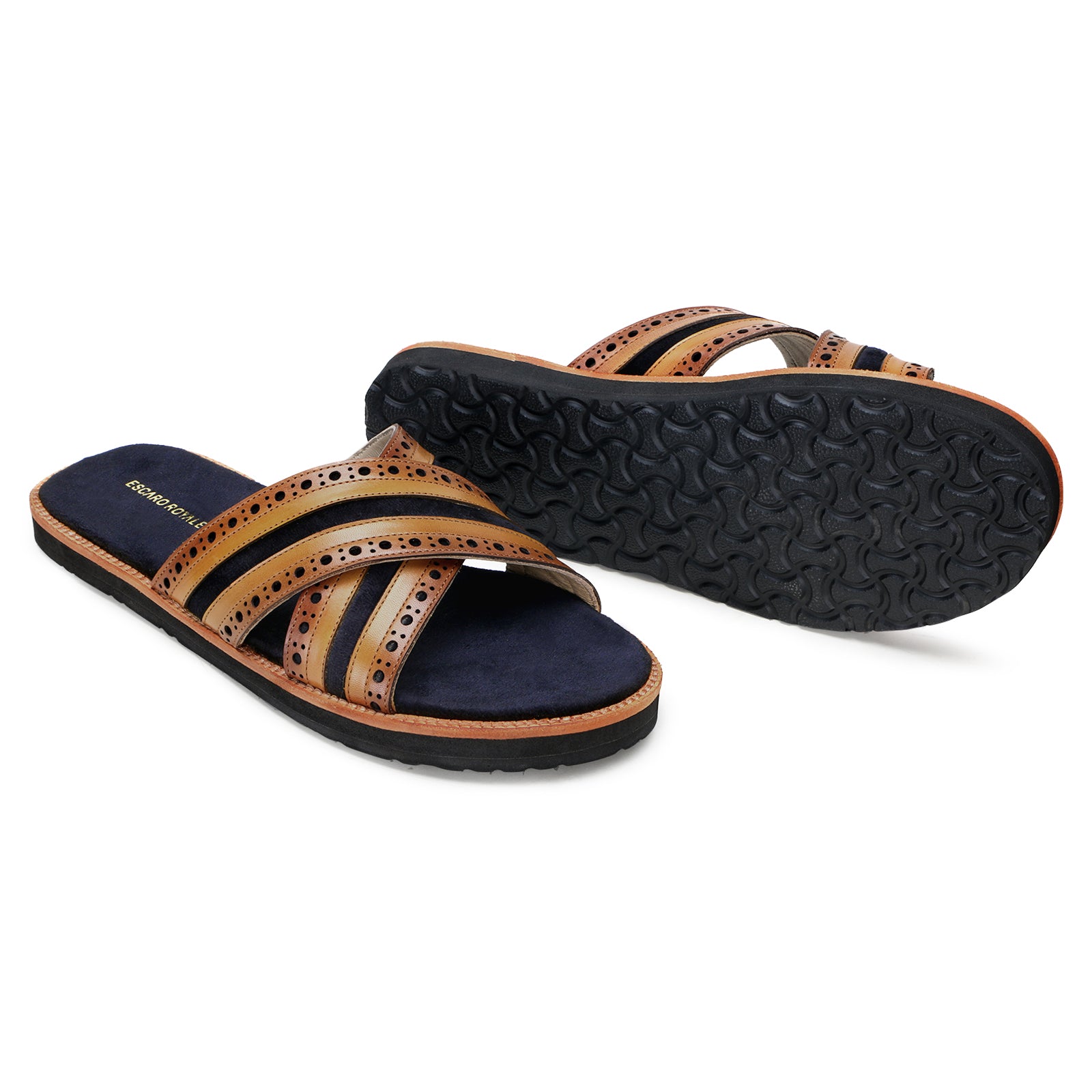 The Veneto Crossband Sliders in Tan-Blue