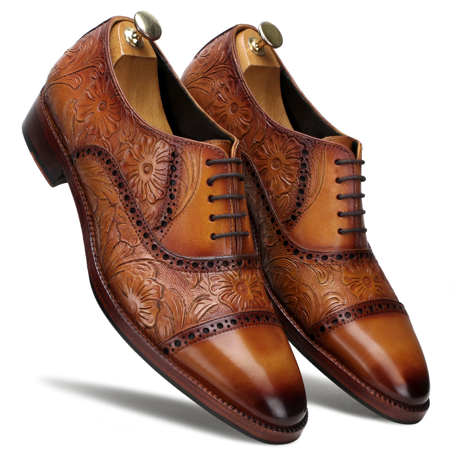 Florentine Handtooled Cap-Toe Oxford In Cognac
