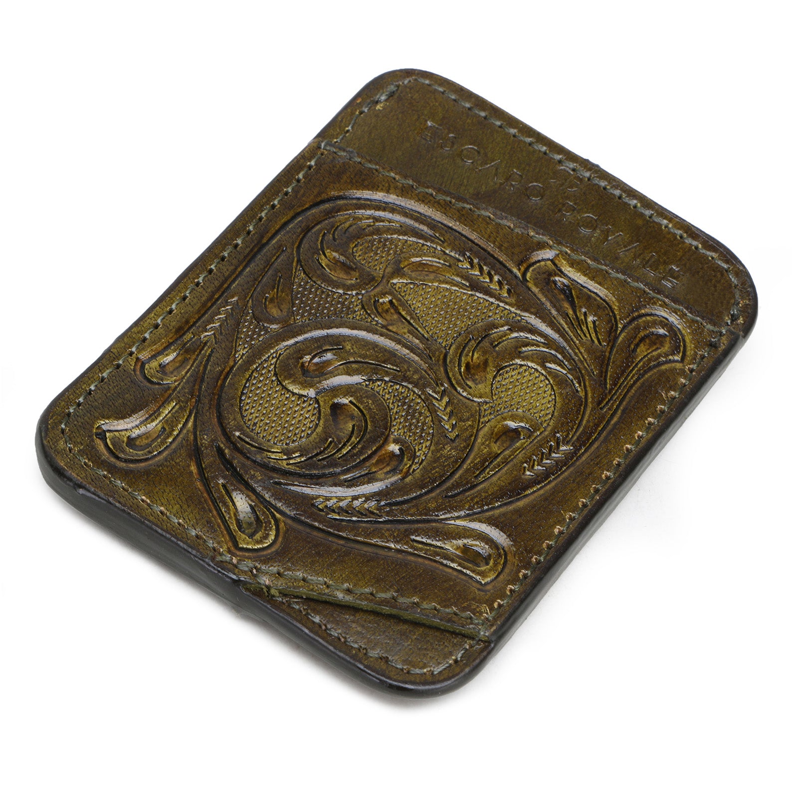 The ATHENS Hand-Tooled Leather Cash Card Holder in Olive