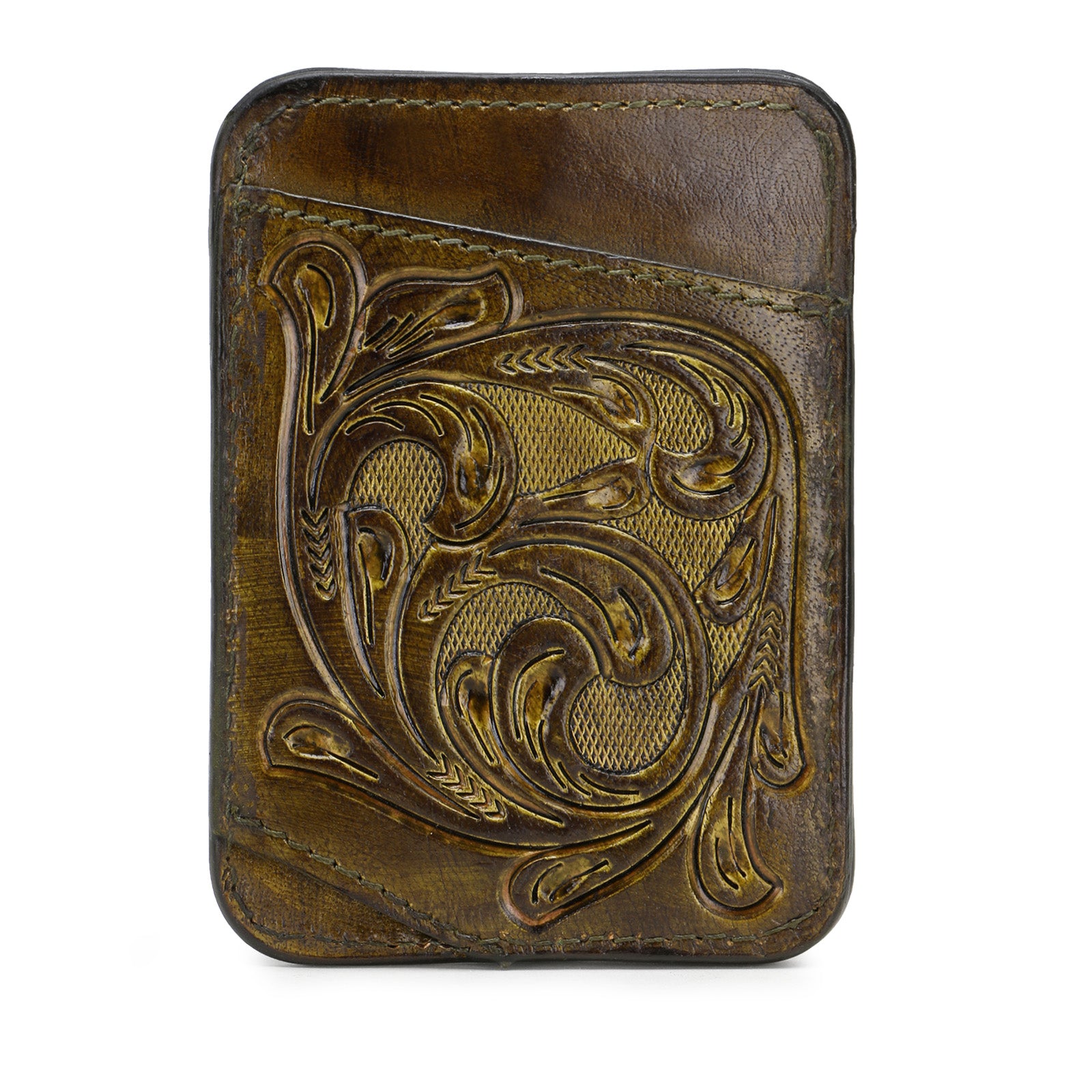 The ATHENS Hand-Tooled Leather Cash Card Holder in Olive