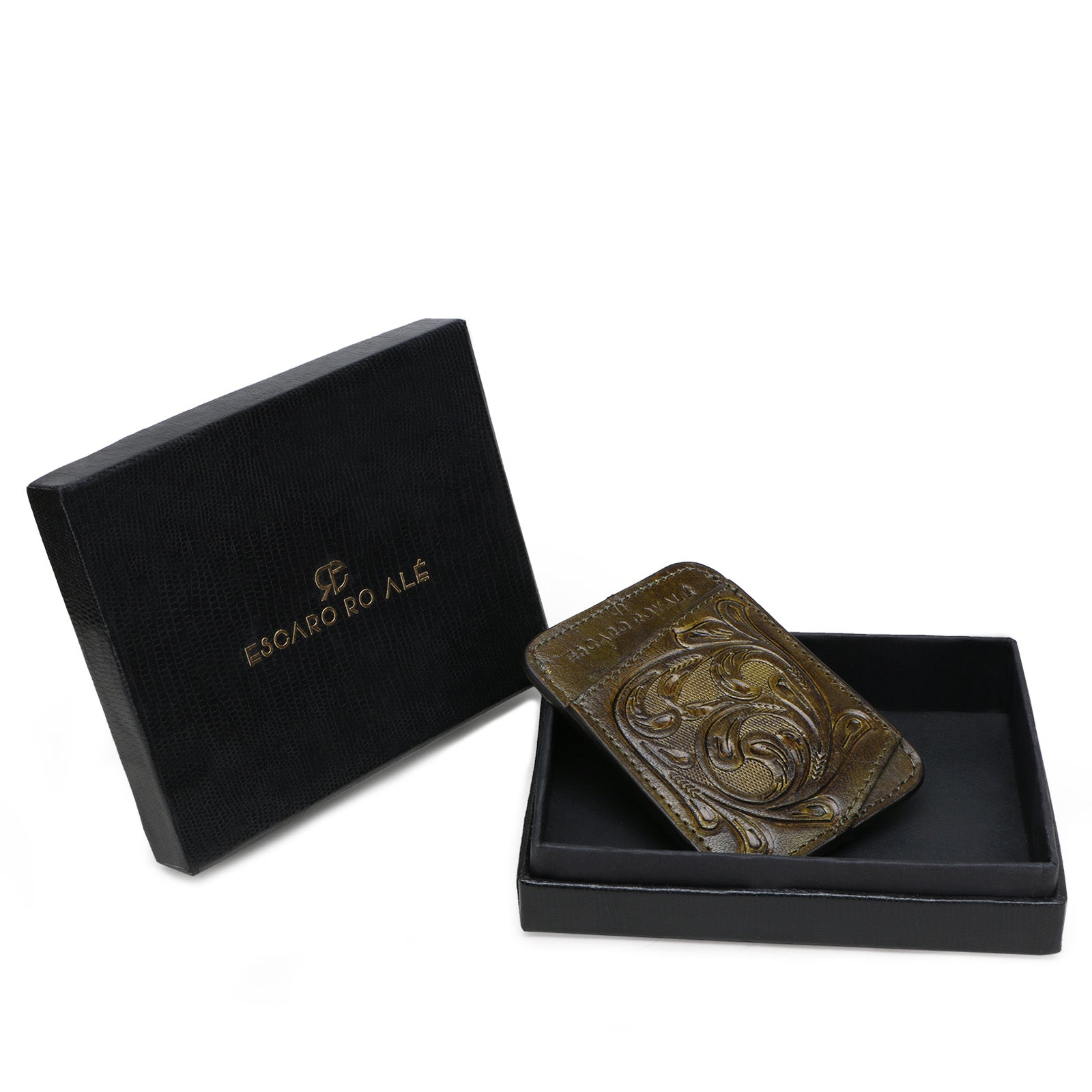 The ATHENS Hand-Tooled Leather Cash Card Holder in Olive