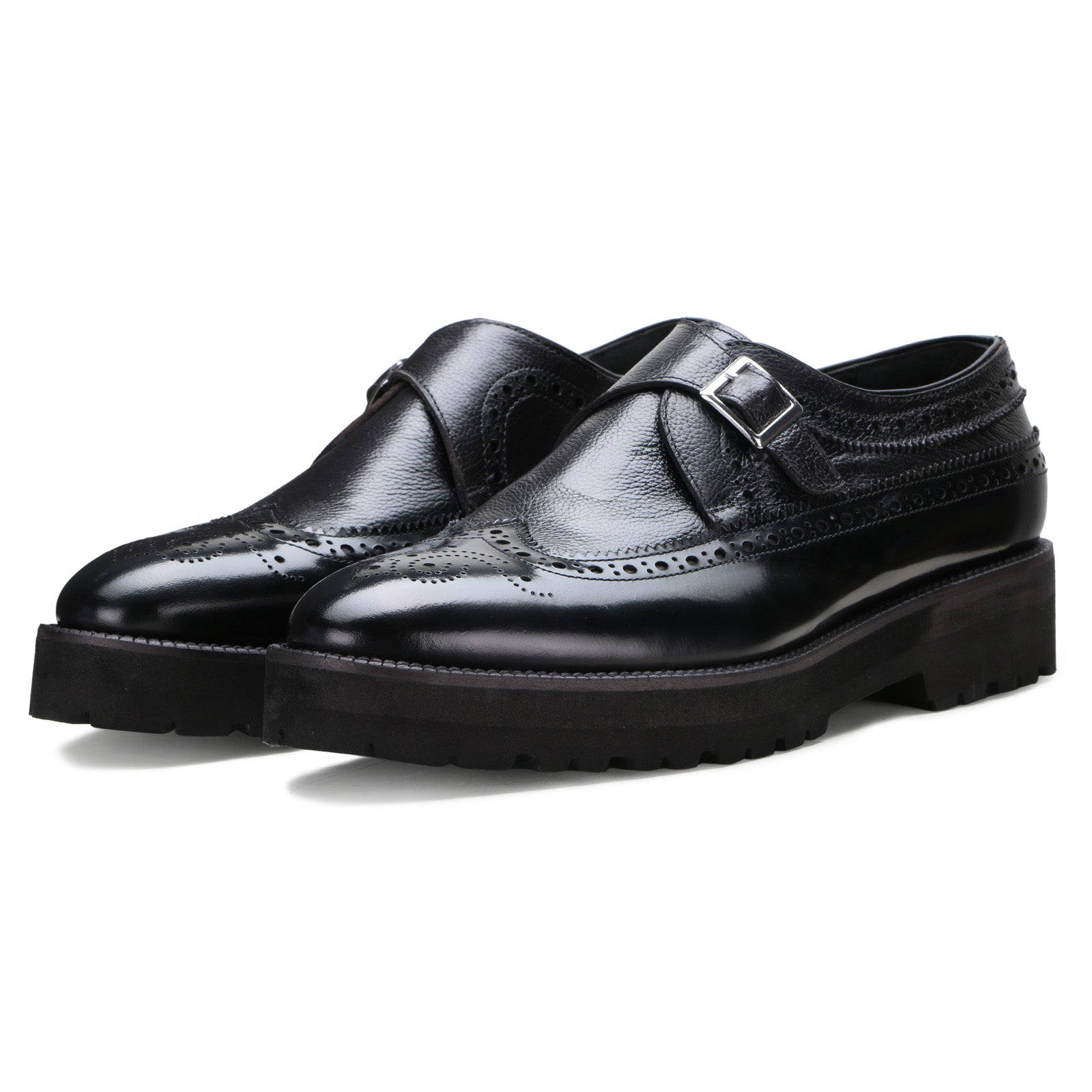 Escaro Royale Stature Wingtip Monk with Thick Sole in Black