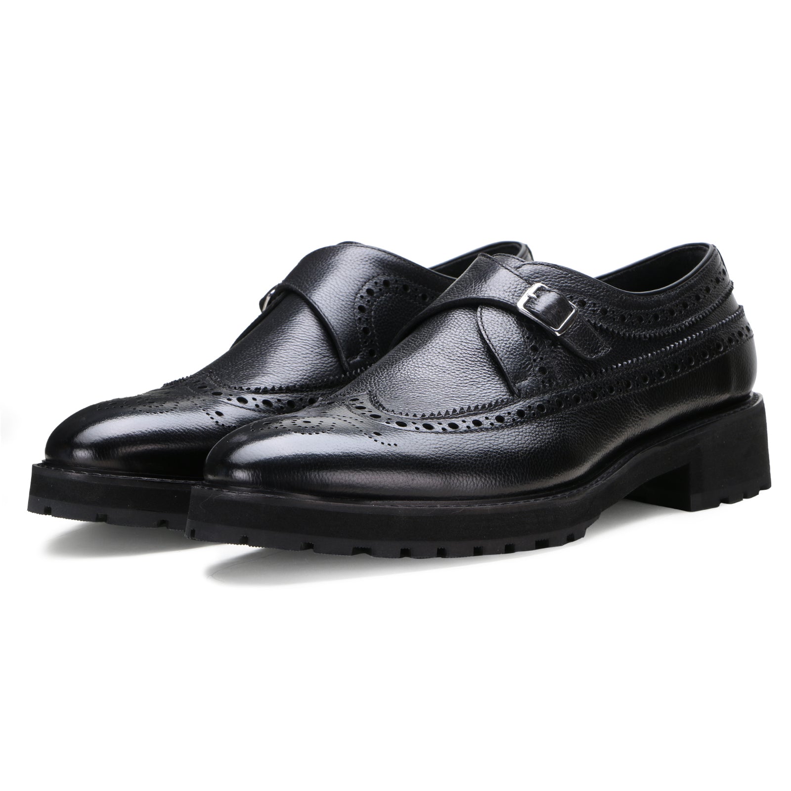 Escaro Royale Stature Wingtip Monk with Thick Sole in Black