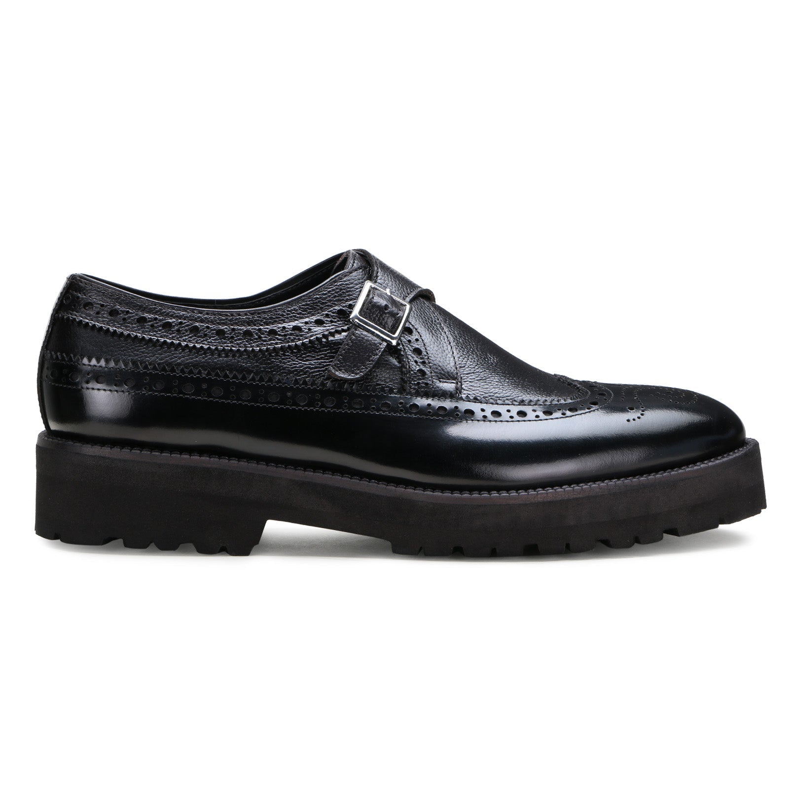 Escaro Royale Stature Wingtip Monk with Thick Sole in Black