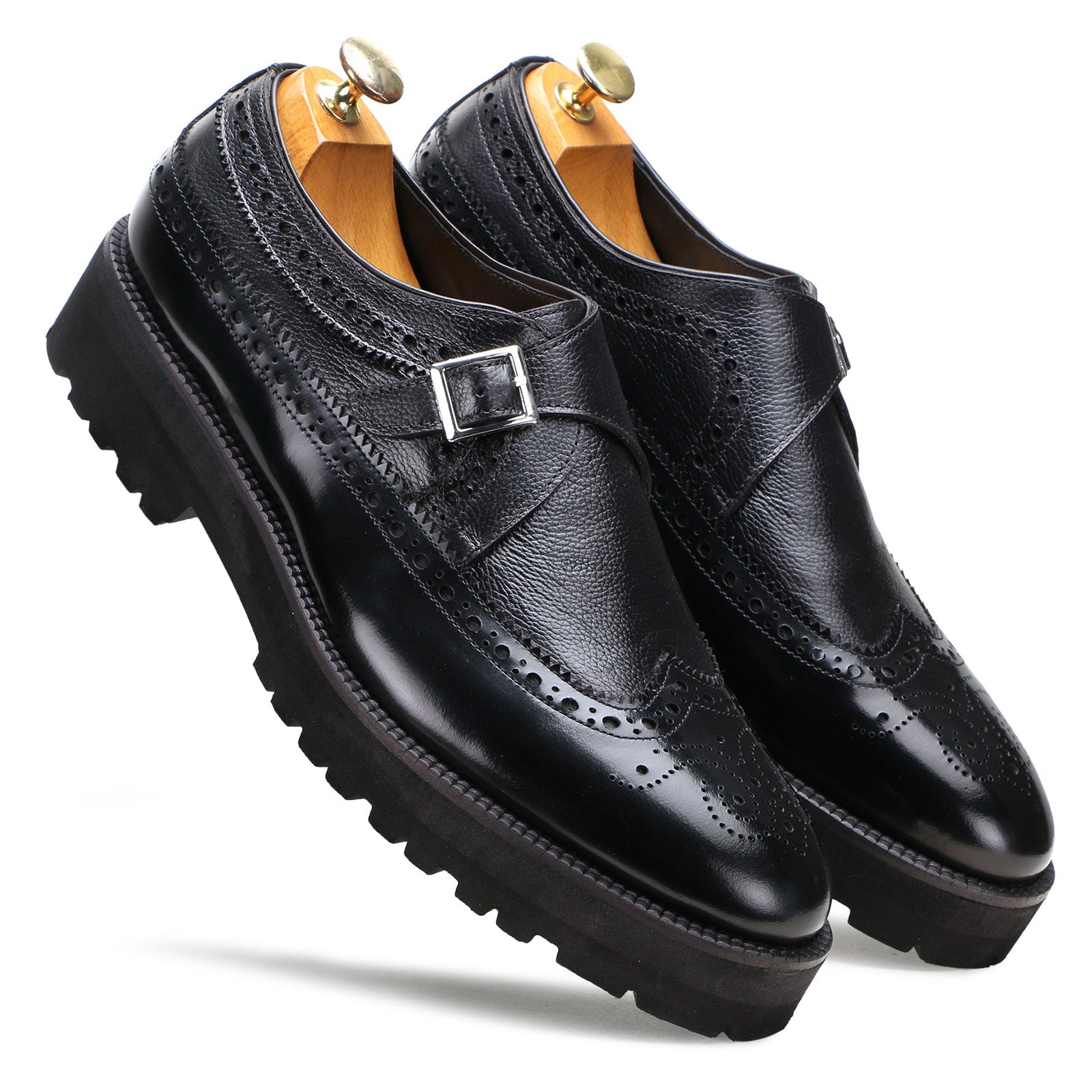 Escaro Royale Stature Wingtip Monk with Thick Sole in Black