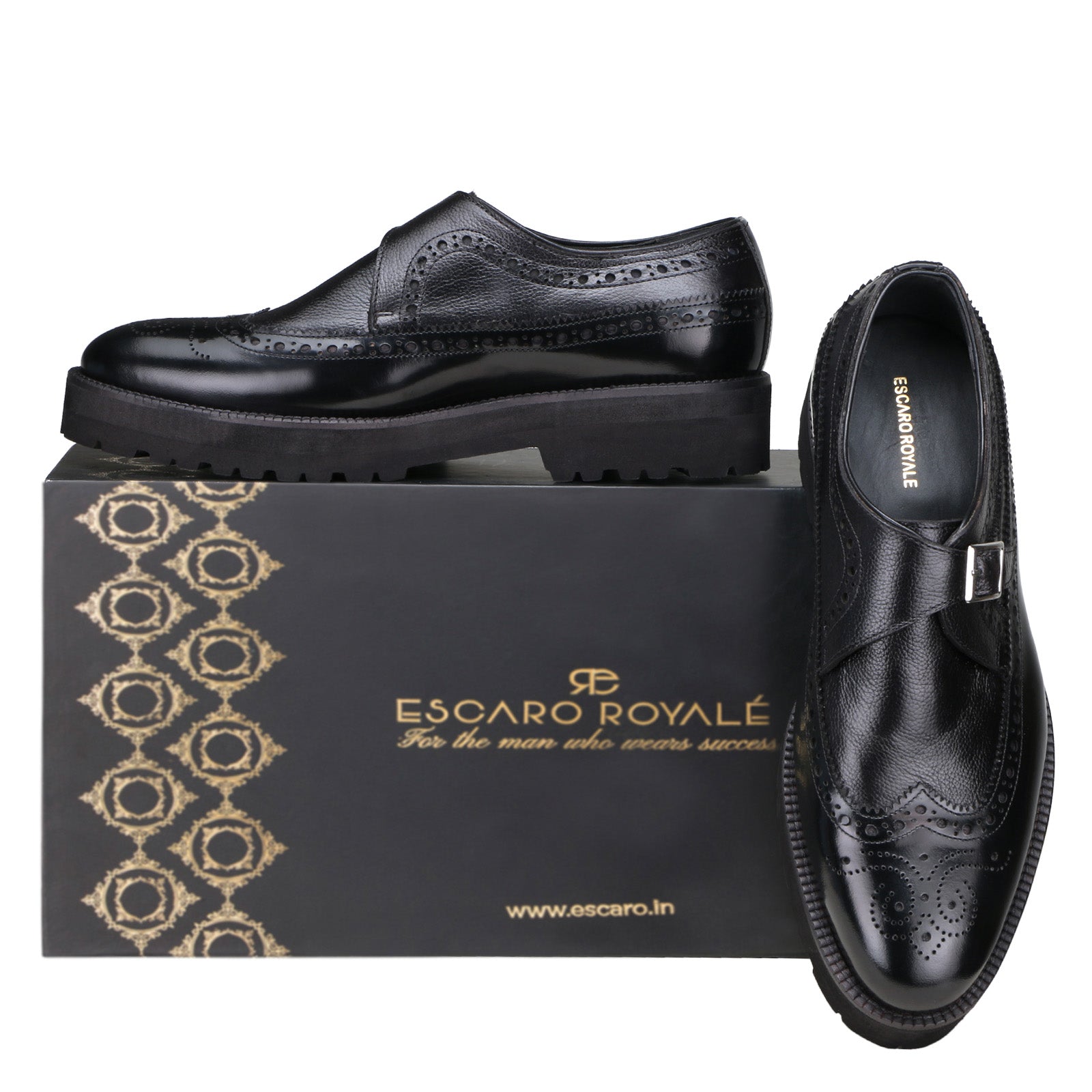 Escaro Royale Stature Wingtip Monk with Thick Sole in Black