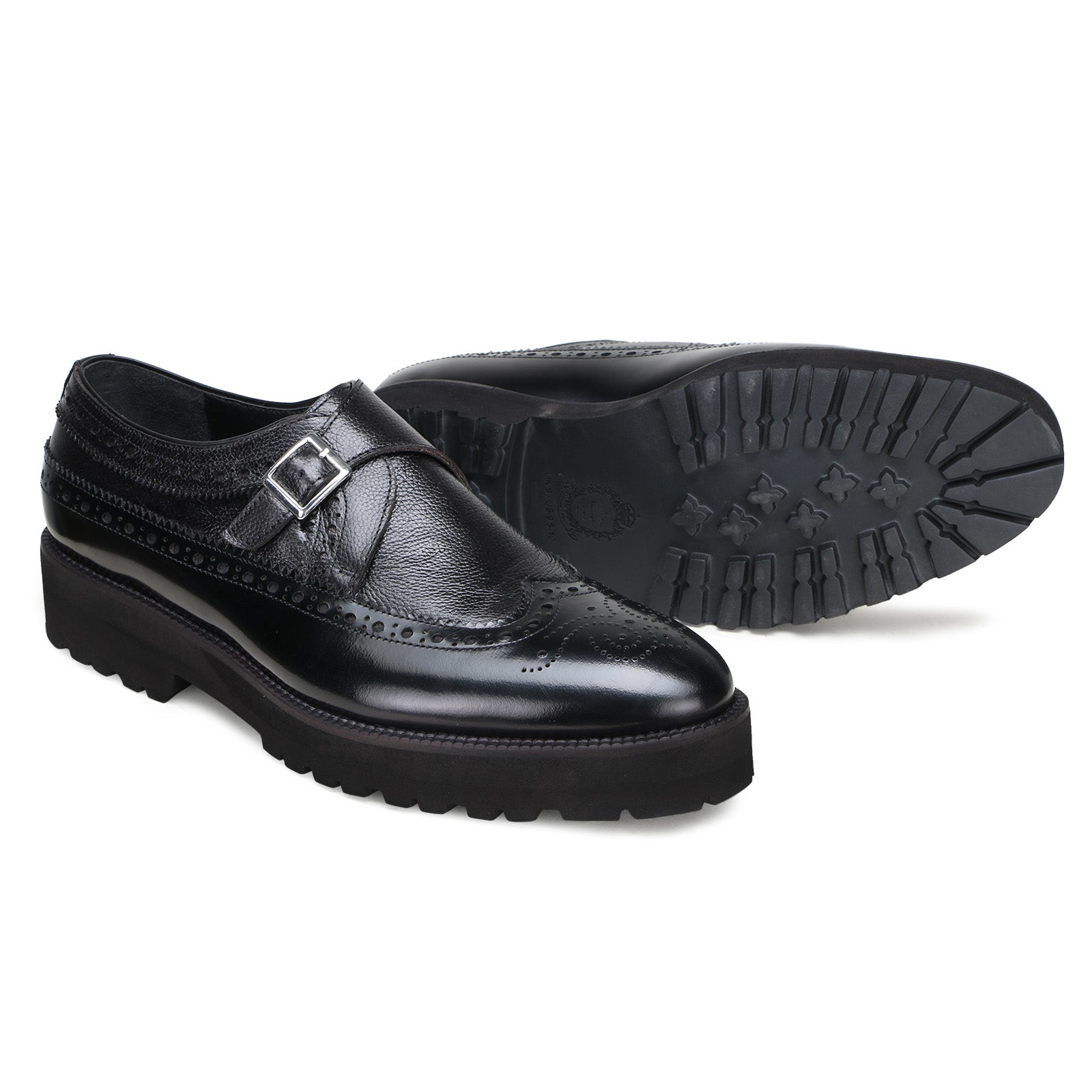 Escaro Royale Stature Wingtip Monk with Thick Sole in Black