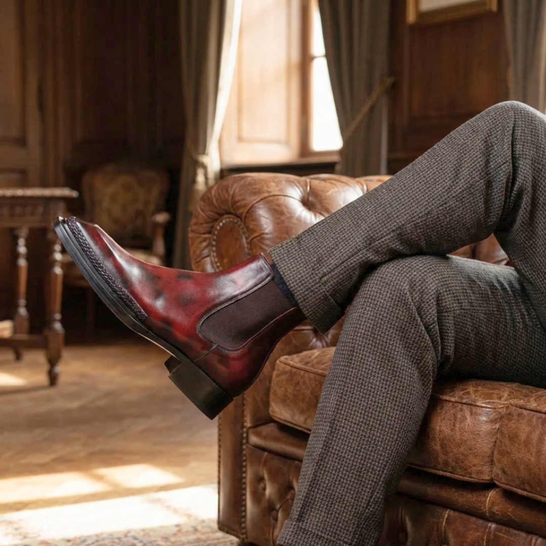 Ironvale Chelsea Boots with Taper Toe and Espadrille Jute Welt in Brown-Burgundy