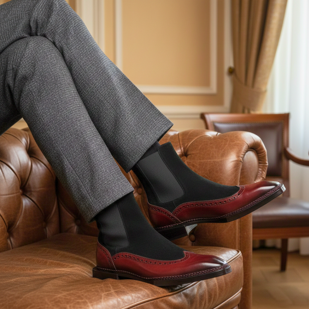 Northcrest Wingtip Chelsea Boots with Taper Toe in Wine