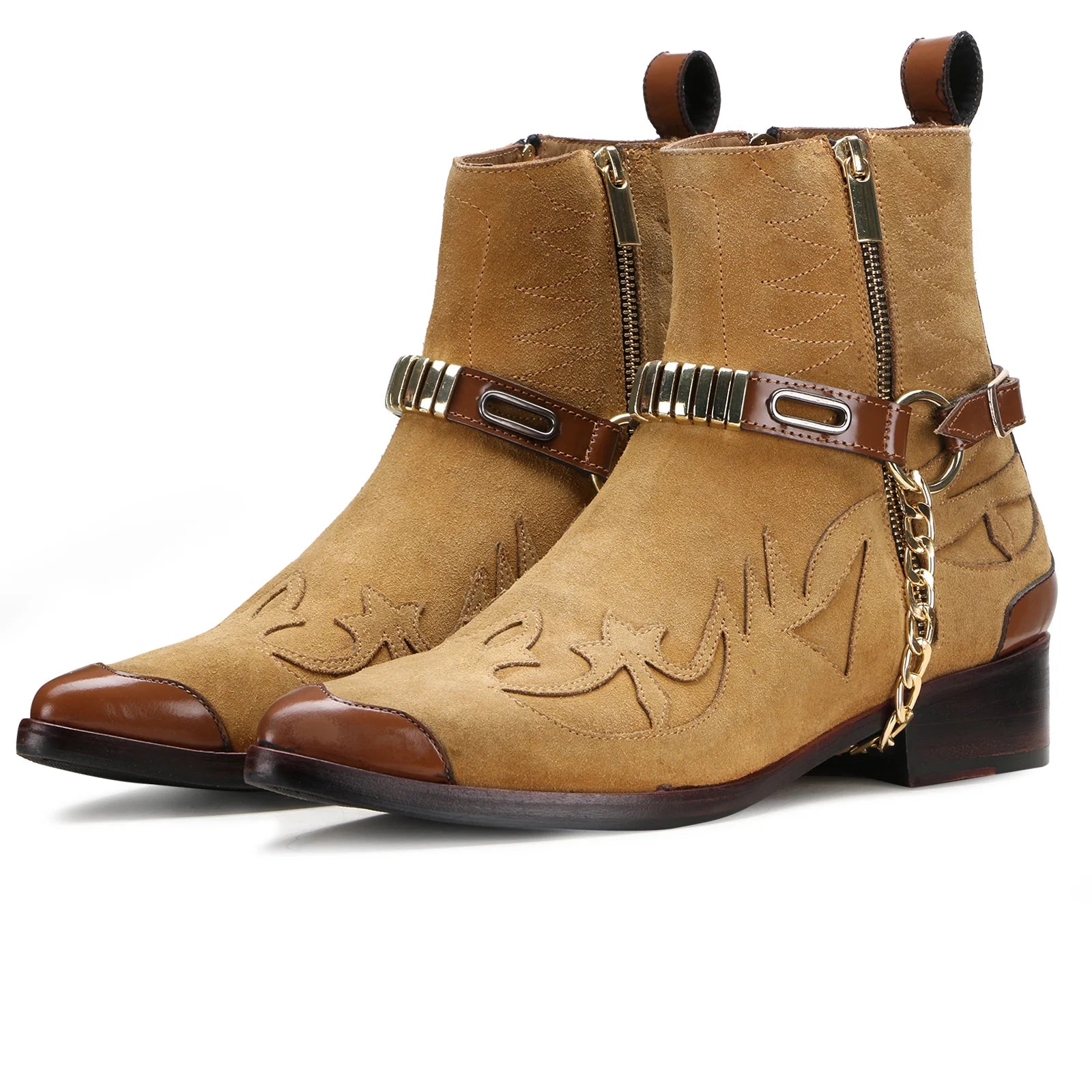 Santiago Goodyear Welted Cowboy Boots in Beige Suede